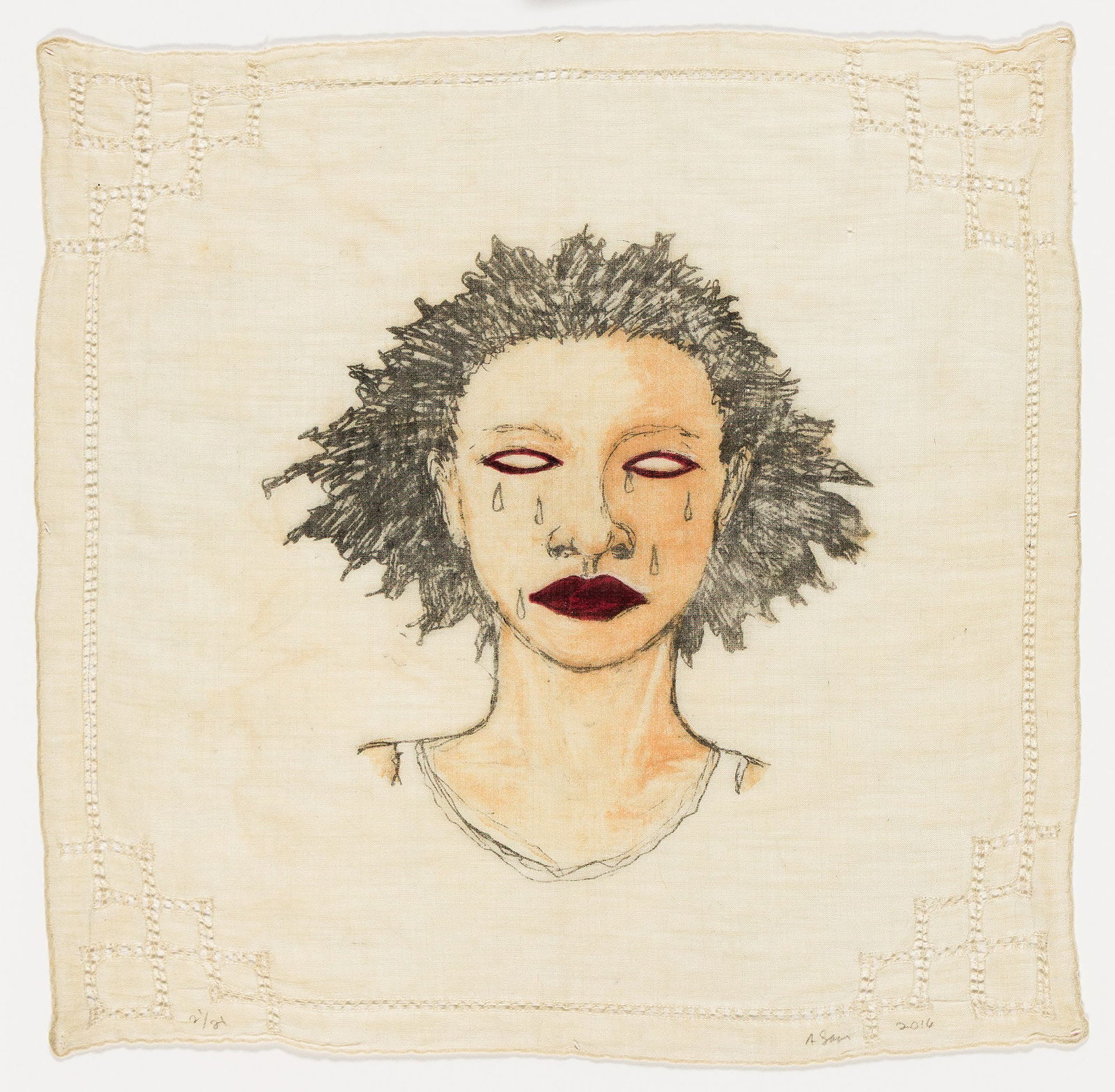 Alison Saar (b. 1956), High Yella' Blue, 2016.: Alison Saar (b. 1956) High Yella' Blue. Etching and pochoir on found vintage handkerchief, 2016. Variable edition. Signed, dated and numbered 21/21 in ink, lower edge. Published by Tandem Press,