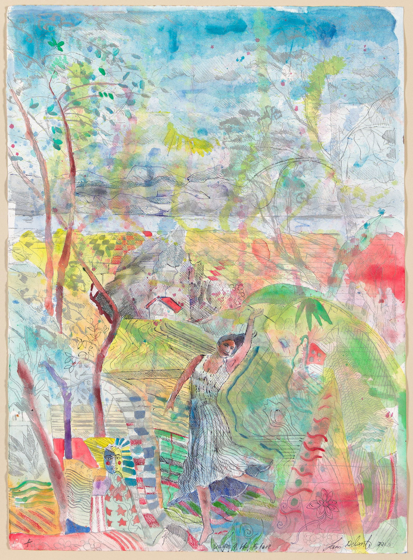 Louis Delsarte (1944-2020), Visions of the Future, 2015.: Louis Delsarte (1944-2020) Visions of the Future. Offset color lithograph with hand-coloring in watercolor, 2015. Unique hand-colored proof. Signed, titled, dated and numbered 1/1 in pencil, lower