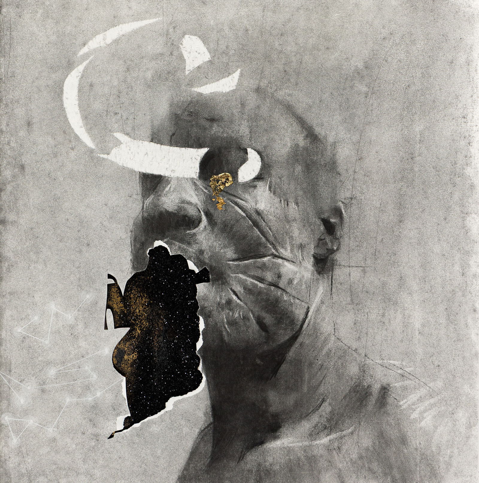 Cosmo Whyte (b. 1982), Scar Tissue, 2017.: Cosmo Whyte (b. 1982) Scar Tissue. Charcoal, gold leaf and glitter on paper, 2017. 28 x 25 1/2 in. (71.1 x 64.8 cm.), Frame: 30 x 27 in. (76.2 x 68.6 cm.) Provenance: Private collection, Georgia. Note