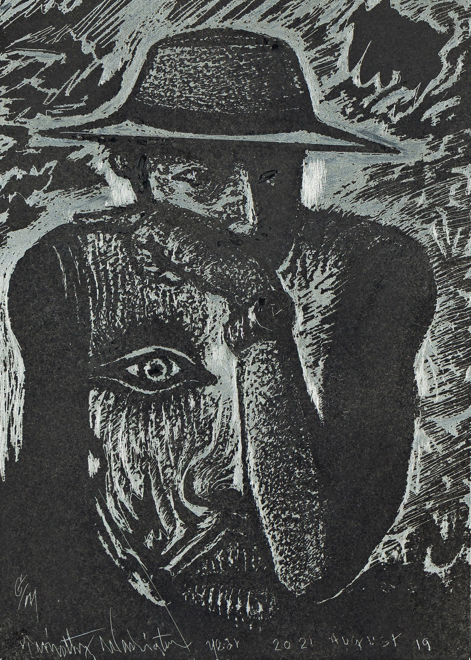 Timothy Washington (b. 1946), Eye On You, 2021.: Timothy Washington (b. 1946) Eye On You. Engraving on aluminum, 2021. Signed and dated "year 2021, August 19," lower edge. 7 x 5 in. (17.8 x 12.7 cm.), Frame: 11 x 9 in. (27.9 x 22.9 cm.) Provenance: