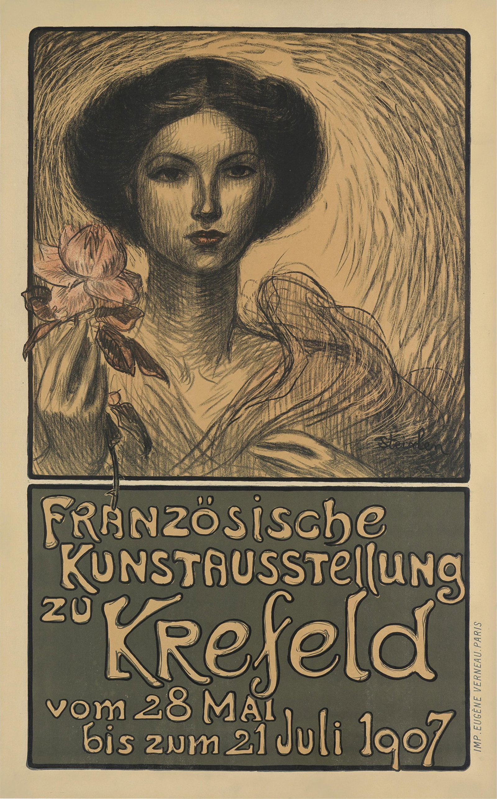Theophile-Alexandre Steinlen, Französische Kunstausstellung Zu Krefeld. 1907.: Theophile-Alexandre Steinlen 1859-1923 Französische Kunstausstellung Zu Krefeld. 1907. Condition A-: expert overpainting at edges. Steinlen, channeling the Jugendstil aesthetic in a unique divers