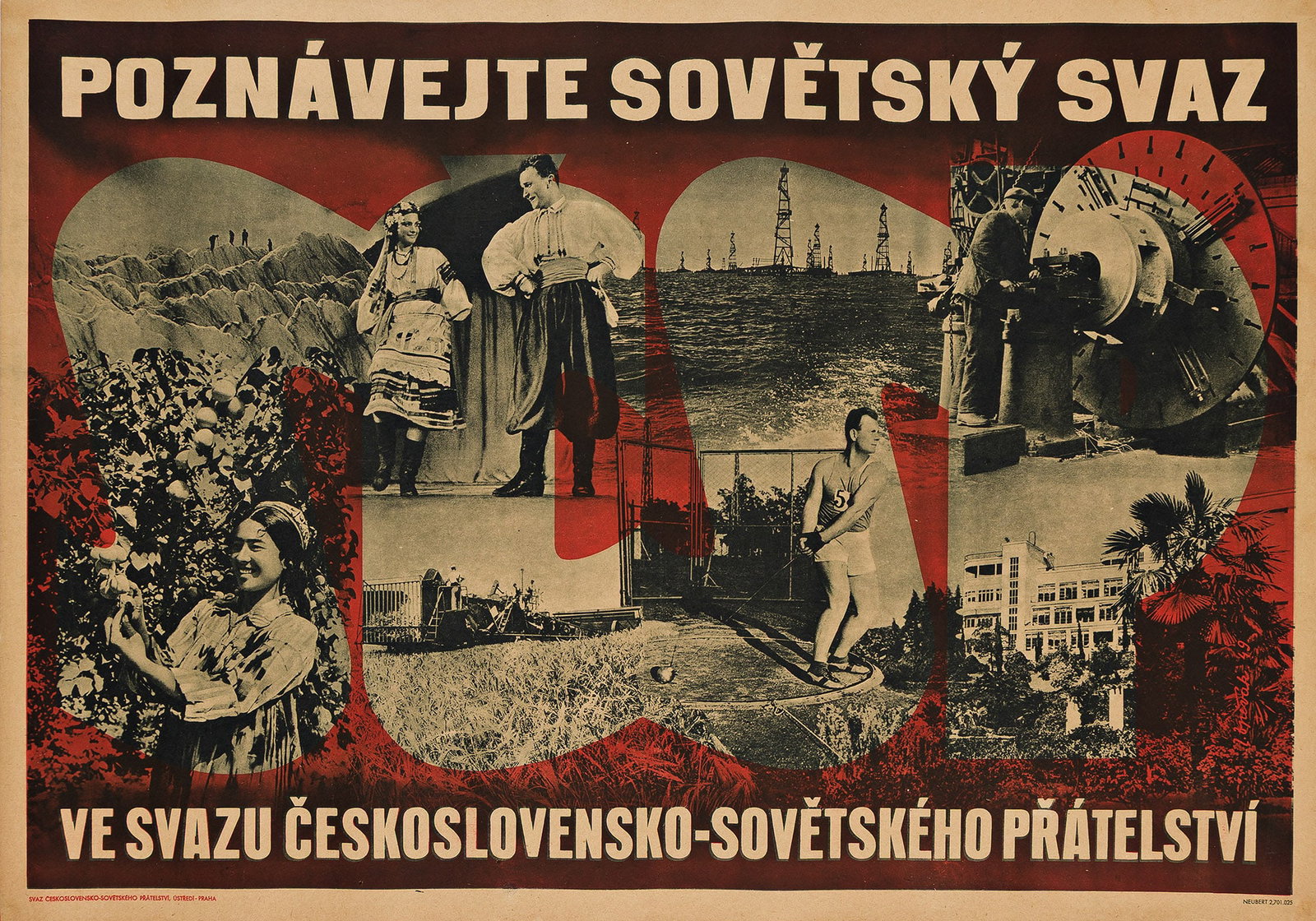 Designer Unknown, Poznávejte Sovetský Svaz. Circa 1950s.: Designer Unknown Poznávejte Sovetský Svaz. Circa 1950s. Condition A-: minor repaired tears and replaced losses in margins, some slightly into image; repaired pin holes in corners. "Get to kn