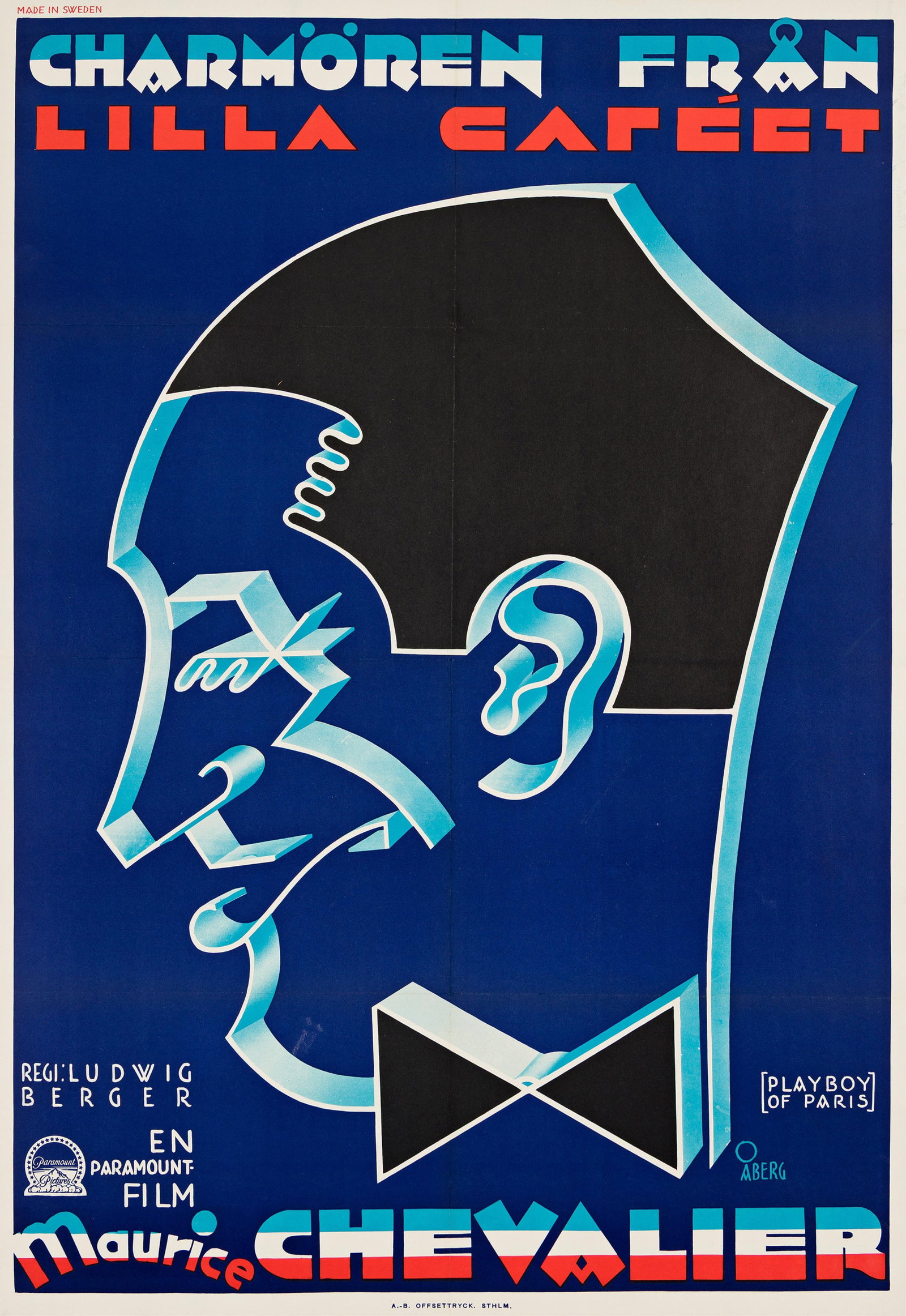 Gosta Aberg, Maurice Chevalier. Circa 1930.: Gosta Aberg 1905-1981 Maurice Chevalier. Circa 1930. Condition A-: minor restoration along vertical and horizontal folds. A Swedish film poster for the 1930 Maurice Chevalier film "Playboy of Paris."