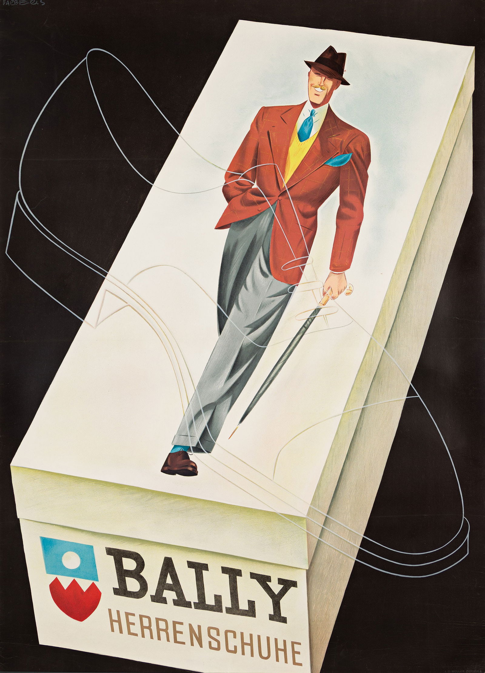 Franco Barberis, Bally Herrenschuhe. 1938.: Franco Barberis 1905-1992 Bally Herrenschuhe. 1938. Condition B+ / A-: loss in upper right corner; repaired tears at edges; creasing and abrasions at edges into image and along horizontal folds. <