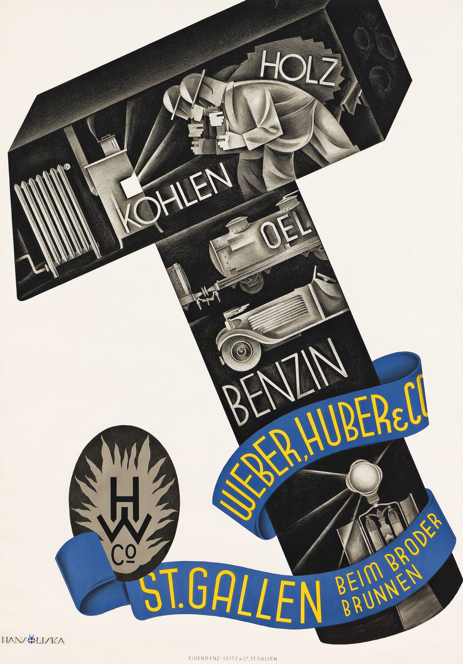 Hans Liska, Weber, Huber & Co. St. Gallen.: Hans Liska 1907-1984 Weber, Huber & Co. St. Gallen. Condition A- / B+: small repaired tear at top edge; creases at edges and in image. Paper. Matted and framed. 50x34¾