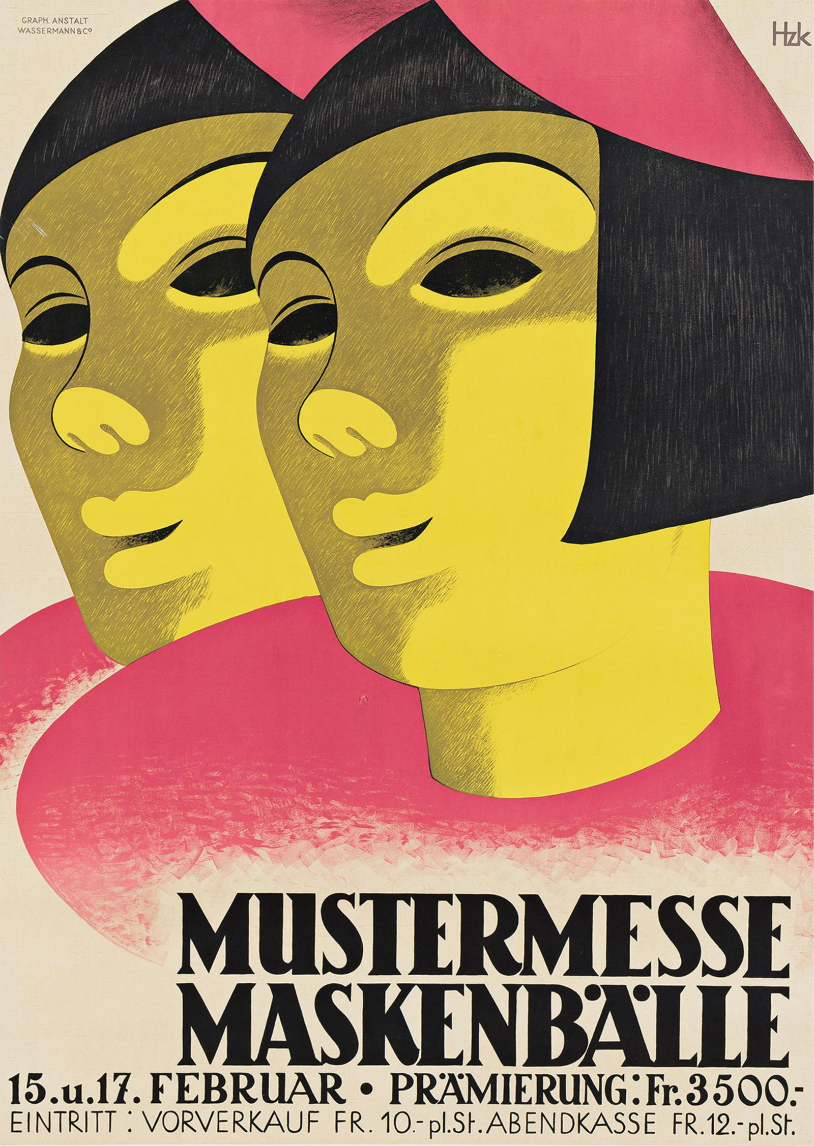 Benni Hunziker, Mustermesse Maskenbälle. 1932.: Benni Hunziker 1888-1970 Mustermesse Maskenbälle. 1932. Condition A-: minor repaired tears at edges; minor creases and abrasions at edges and in image. 50¼x35½ i
