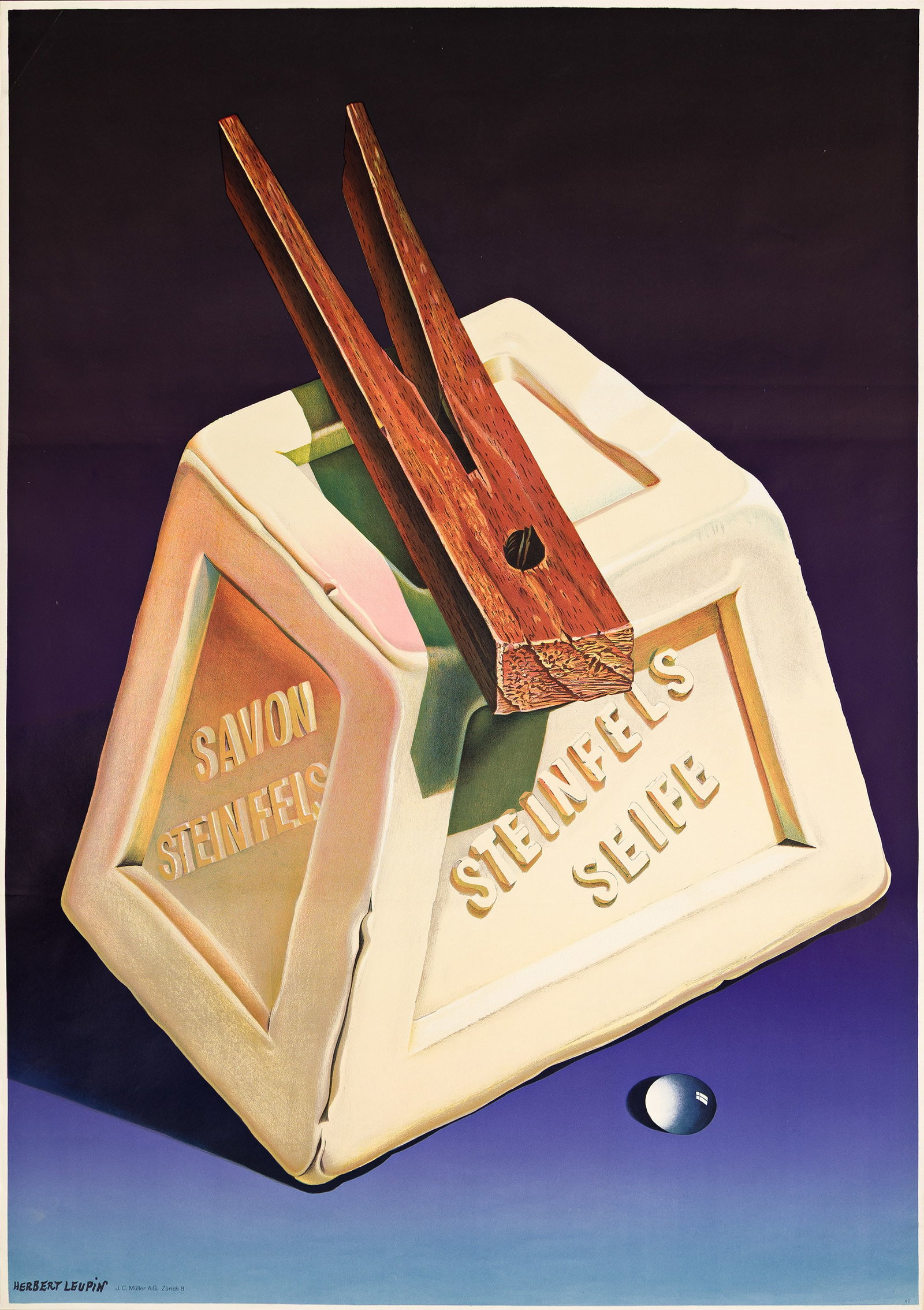 Herbert Leupin, Steinfels Seife. 1946.: Herbert Leupin 1916-1999 Steinfels Seife. 1943. Condition A: minor creases in image. Paper. Leupin / Richter 1, Realismes, 88 (var). 50½x35¾ inches,