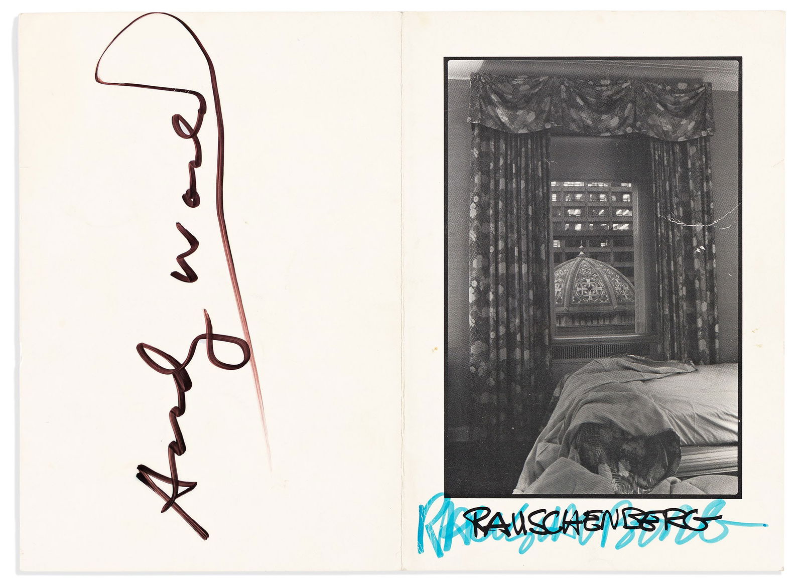 (Artists.) Andy Warhol; and Robert Rauschenberg. Exhibition invitation Signed by both ("Andy Warhol": Warhol and Rauschenberg Andy Warhol; and Robert Rauschenberg Exhibition invitation Signed by both ("Andy Warhol" or "Rauschenberg"). Warhol's signature, written vertically on terminal page. Rauschenbe