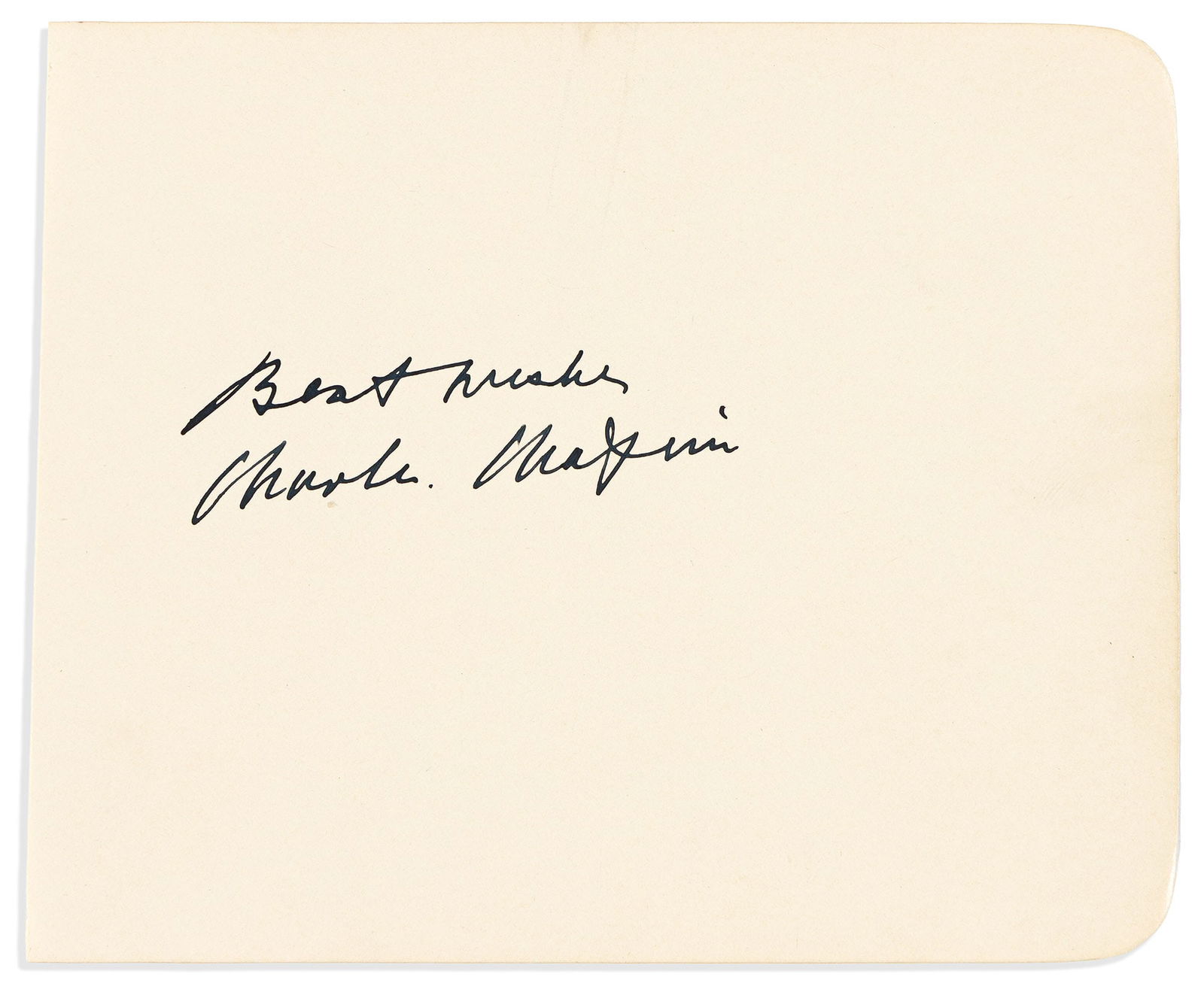 Charlie Chaplin. Signature, "BestWishes / Charlie Chaplin,": Charlie Chaplin Signature, "BestWishes / Charlie Chaplin," on a leaf removed from an album. 4½x5½ inches, pale yellow paper; faint toning at edges, paper clip impression at upper edge.
