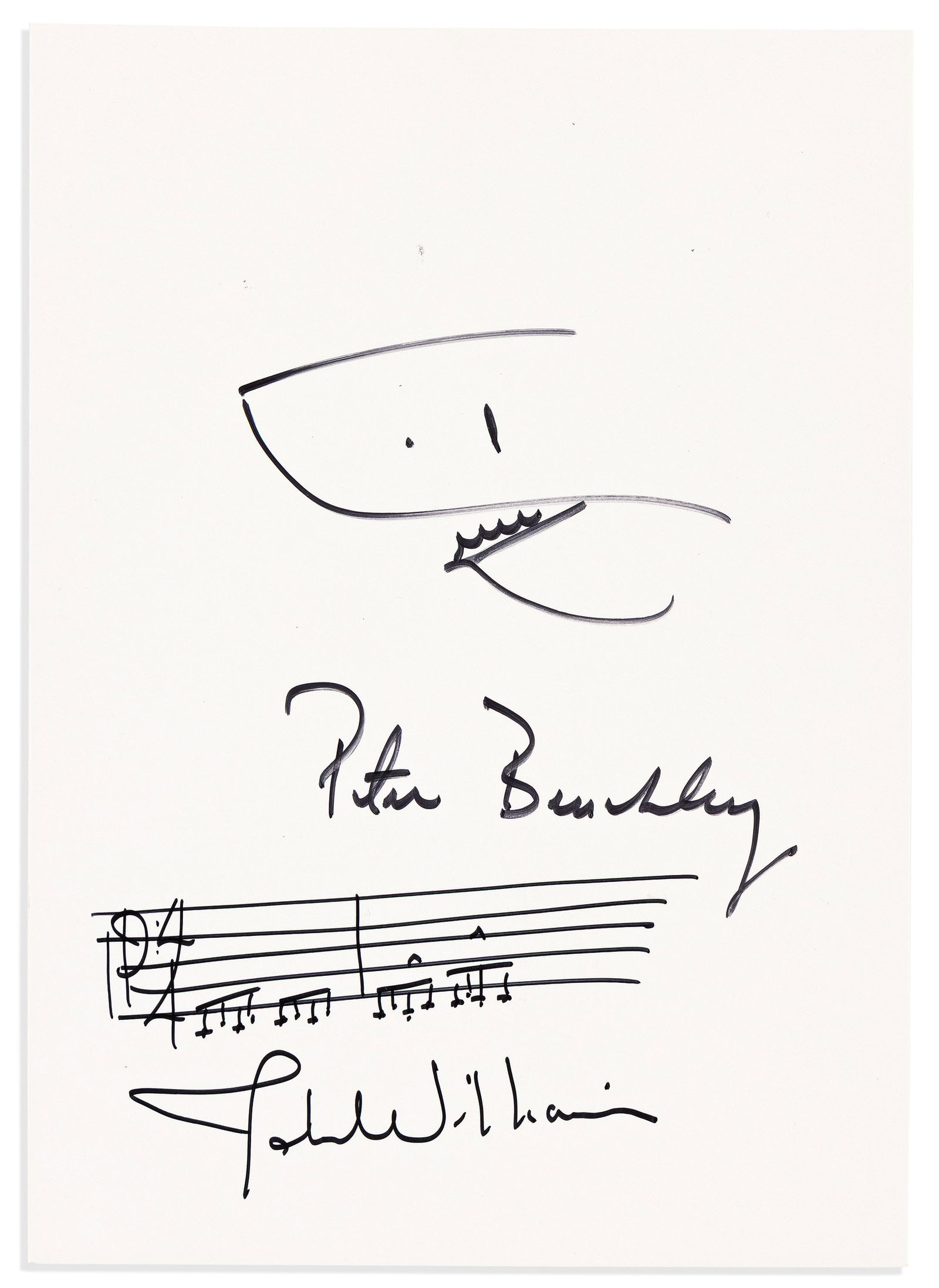 (Entertainment.) John Williams; and Peter Benchley. Two items, each Signed by one, on the same: Jaws signers: the soundtrack's composer and the novel's author John Williams; and Peter Benchley Two items, each Signed by one, on the same sheet. Williams. AMQS, two bars of the theme from Jaws, 