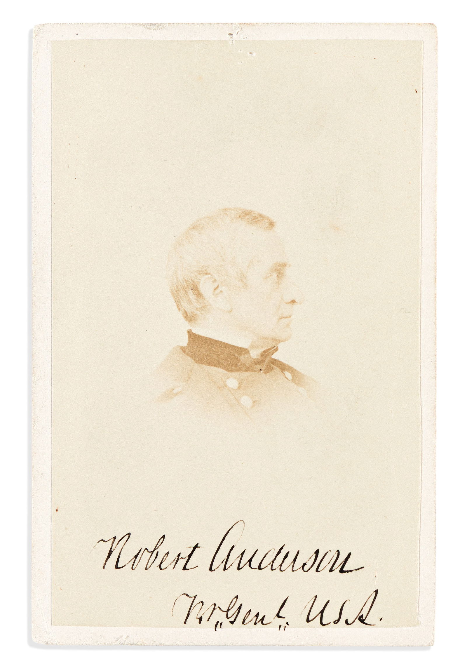 Robert Anderson. Photograph Signed, "Robert Anderson / BrGen'l USA,": Defender of Fort Sumter signs during Civil War Robert Anderson Photograph Signed, "Robert Anderson / BrGen'l USA," vignetted carte-de-visite bust portrait by [John DeWitt] Brinckerhoff, showing h