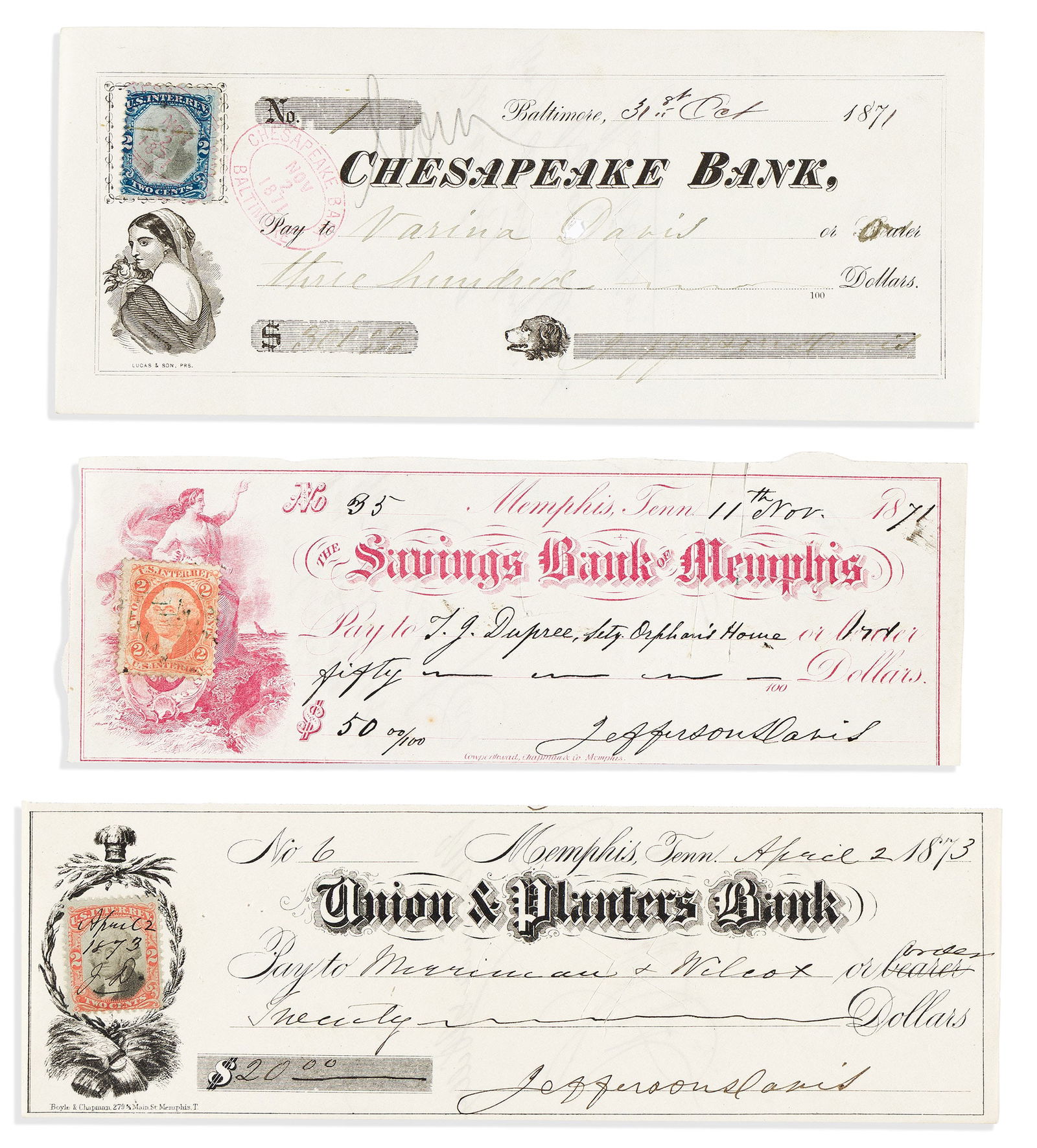 Jefferson Davis. Three checks, each accomplished and Signed: Jefferson Davis Three checks, each accomplished and Signed, one with revenue stamp additionally dated and signed with initials. The first, to his wife Varina Davis in the amount of $300, drawing on th
