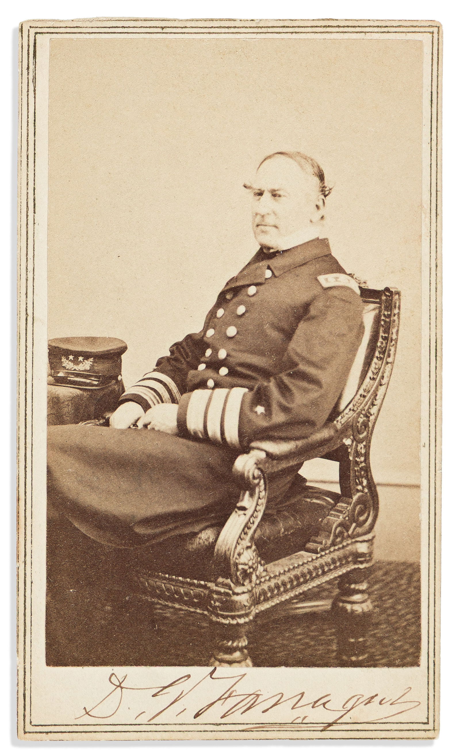David G. Farragut. Photograph Signed, "D.G. Farragut" twice: David G. Farragut Photograph Signed, "D.G. Farragut" twice, carte-de-visite half-length portrait by Gardner showing him seated in naval uniform. Signed on the mount below the image, and again on verso