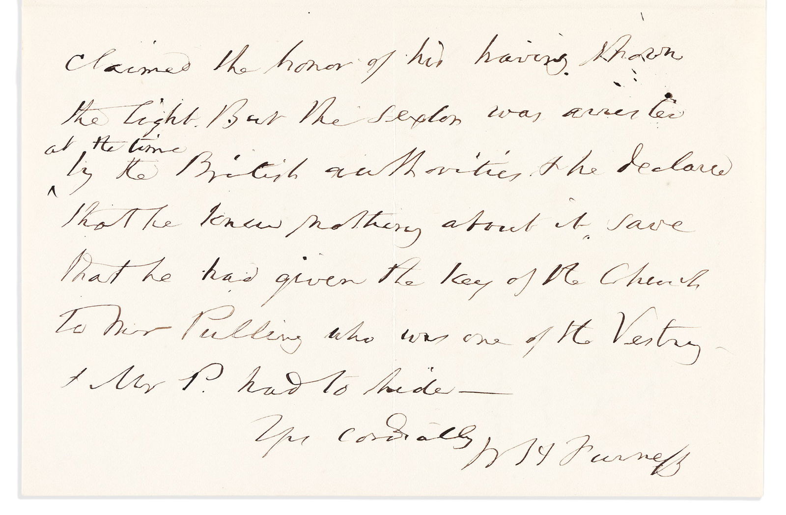 William Henry Furness. Autograph Letter Signed, "WH Furness," to "my dear Sir,": Stating that his wife's grandfather signaled Paul Revere to begin his midnight ride William Henry Furness Autograph Letter Signed, "WH Furness," to "my dear Sir," thanking for his speech, expressing t