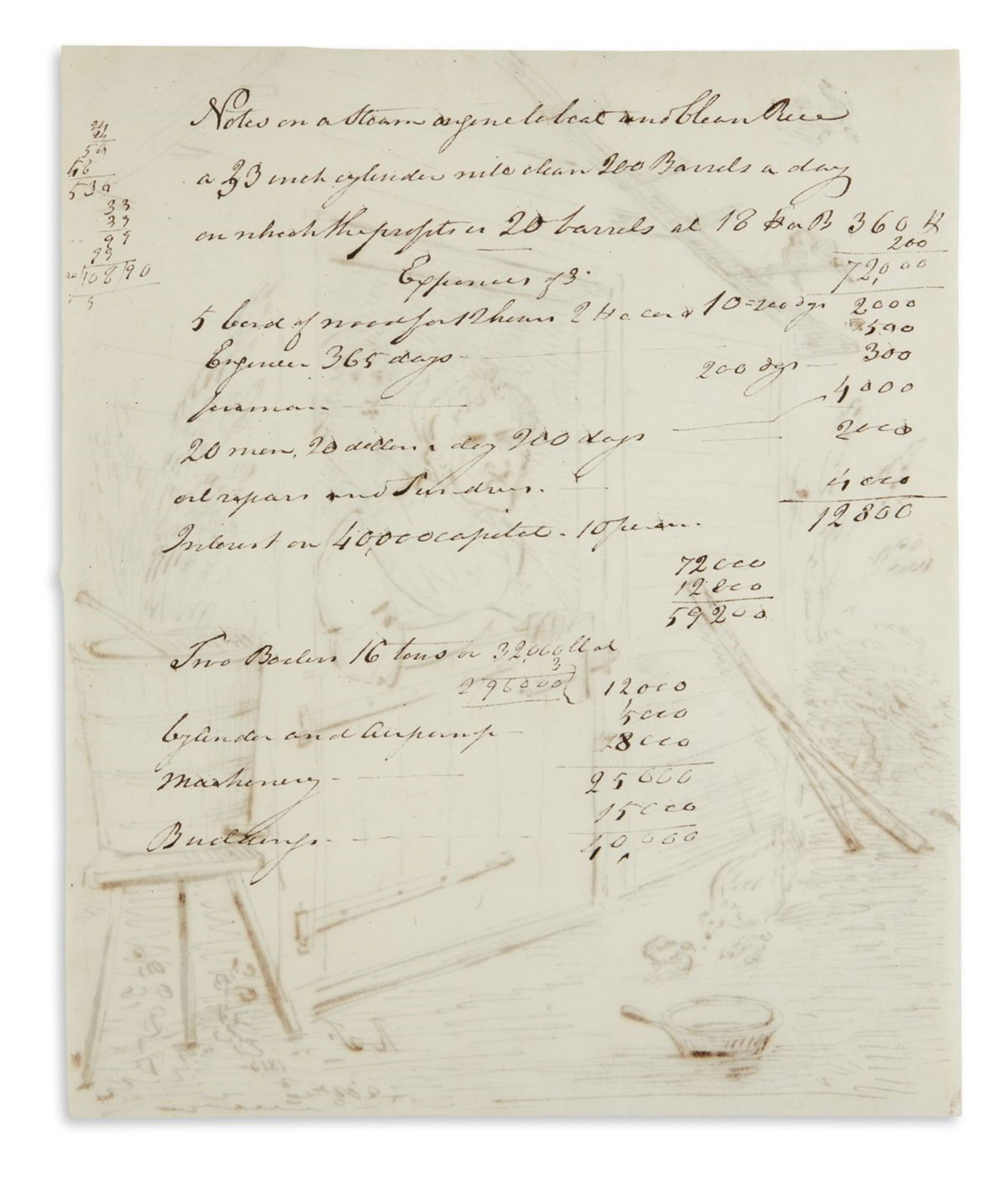 Robert Fulton. Autograph Manuscript, unsigned, with an ink drawing Signed, "R.F," on verso.: Robert Fulton Autograph Manuscript, unsigned, with an ink drawing on verso additionally Signed, "R.F." The manuscript, 14 lines of notes written beside a column of numbers calculating the cost to buil