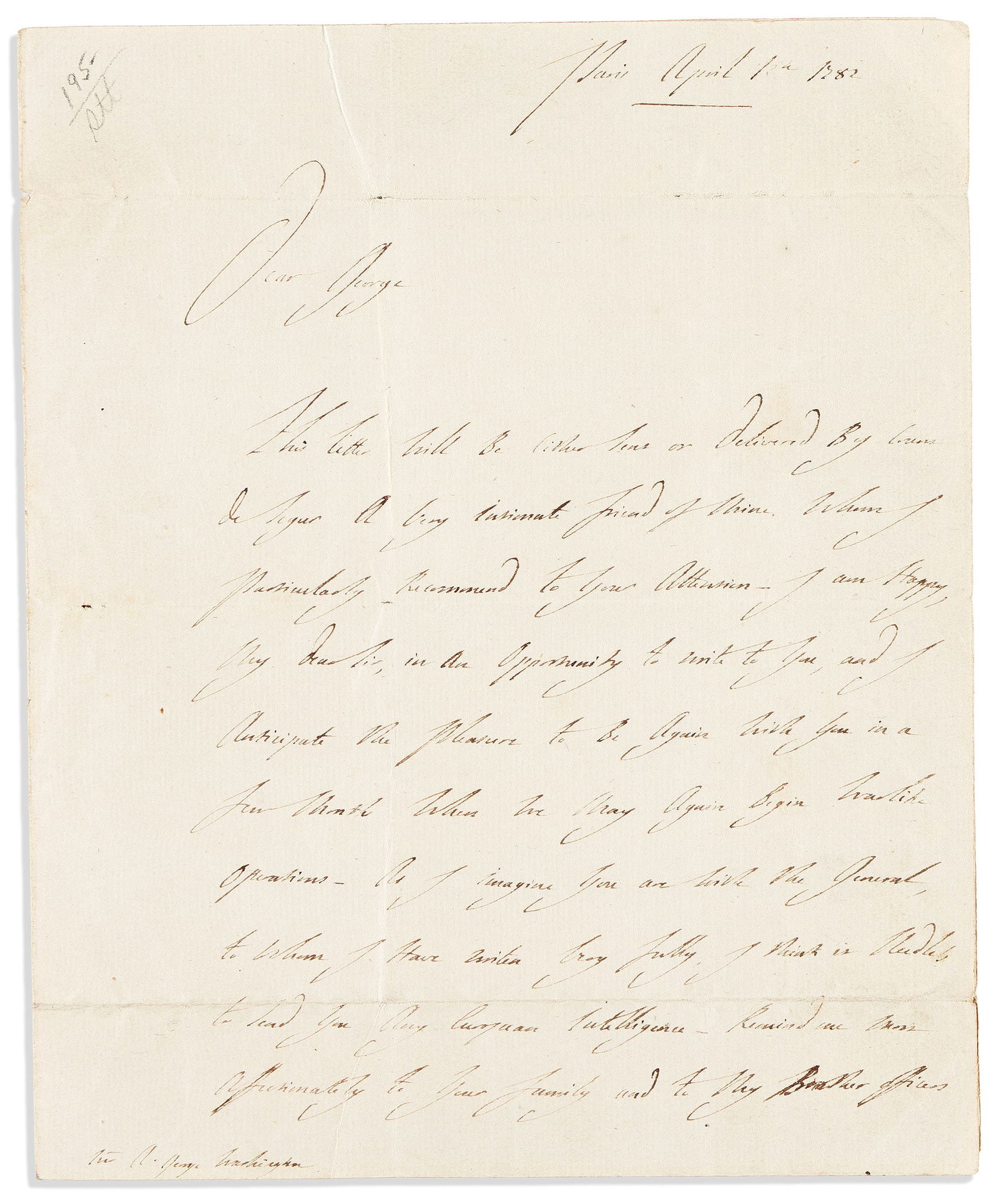 Gilbert du Motier Lafayette; Marquis. Autograph Letter Signed, "Lafayette," to George Augustine: To nephew of General Washington: "I anticipate . . . when we may again begin Warlike Operations" Gilbert du Motier Lafayette; Marquis Autograph Letter Signed, "Lafayette," to George Augustine Washingt
