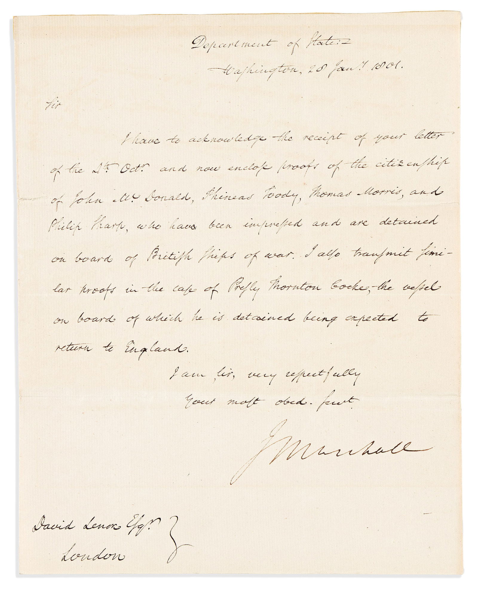 John Marshall. Letter Signed, "JMarshall," to U.S. Consul at London David Lenox (1 of 1)