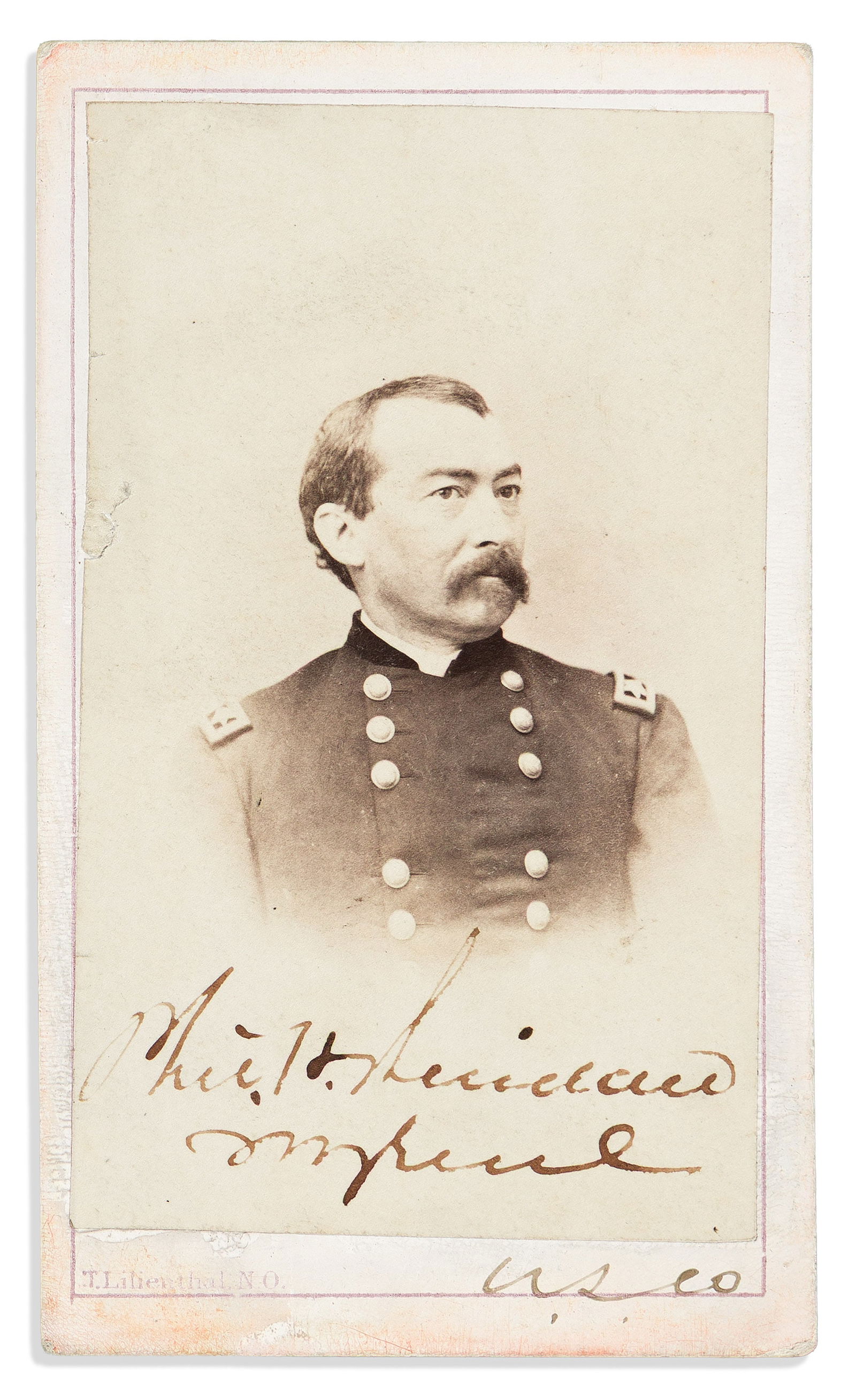 Philip Henry Sheridan. Photograph Signed, "Phil. H. Sheridan / MajGen'l / USA,": Philip Henry Sheridan Photograph Signed, "Phil. H. Sheridan / MajGen'l / USA," vignetted carte-de-visite bust portrait by Lilienthal, showing him in uniform. Signed in the image at lower edge and cont