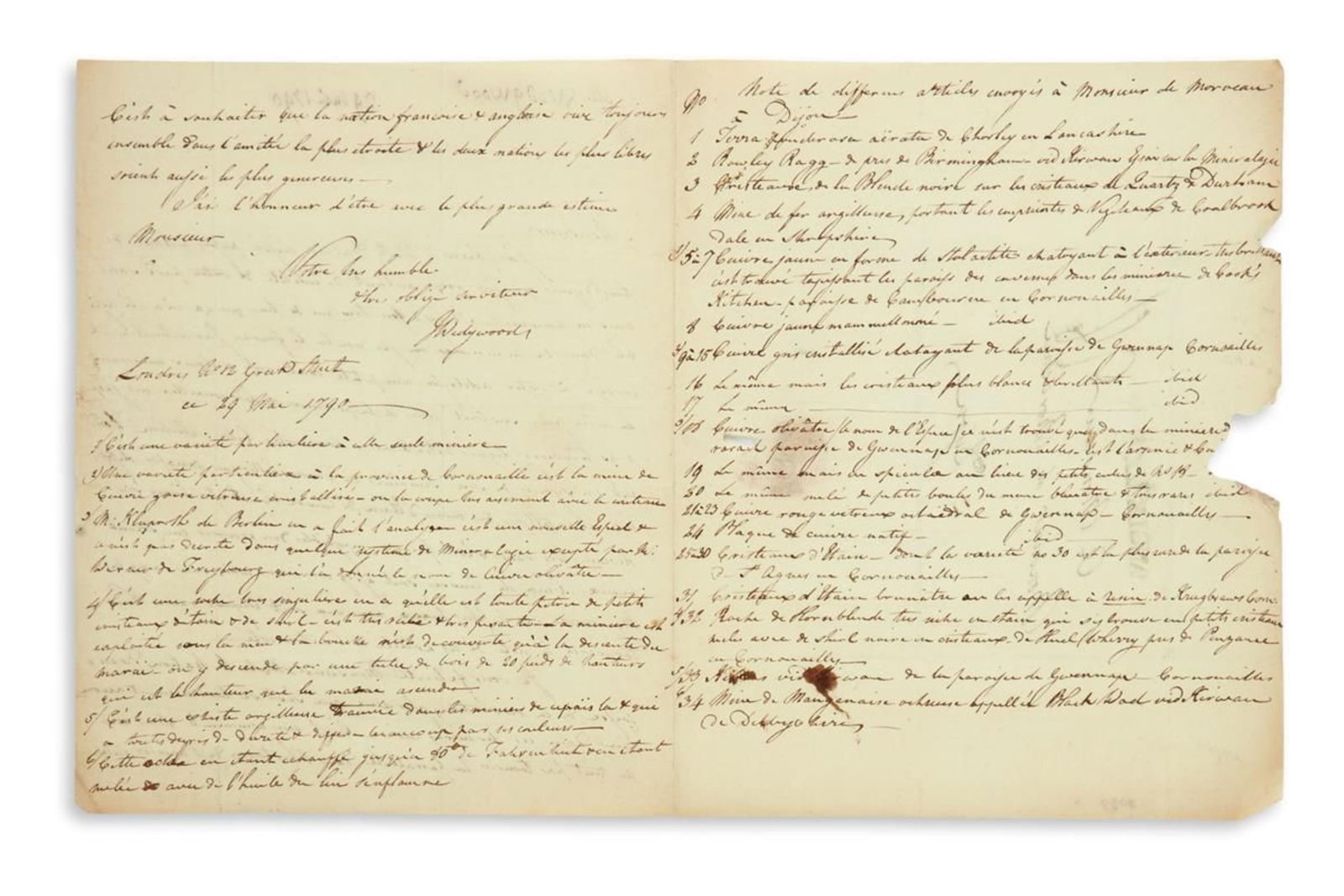 Josiah Wedgwood. Autograph Letter Signed, "JWedgwood," to Louis-Bernard Guyton de Morveau: I congratulate . . . the whole French nation for the glorious revolution Josiah Wedgwood Autograph Letter Signed, "JWedgwood," to Louis-Bernard Guyton de Morveau, in French, announcing that he has sen