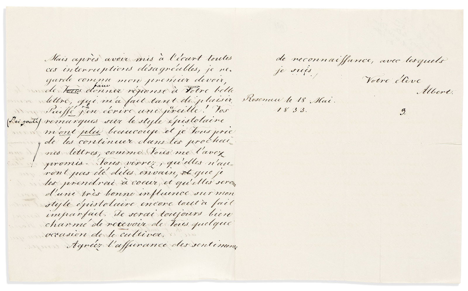 Albert; Prince Consort of Victoria of England. Autograph Letter Signed, "Albert," to his unnamed: 14-year-old Prince Albert practices his French Albert; Prince Consort of Victoria of England Autograph Letter Signed, "Albert," to his unnamed tutor ("Sir"), in French, listing the reasons that p
