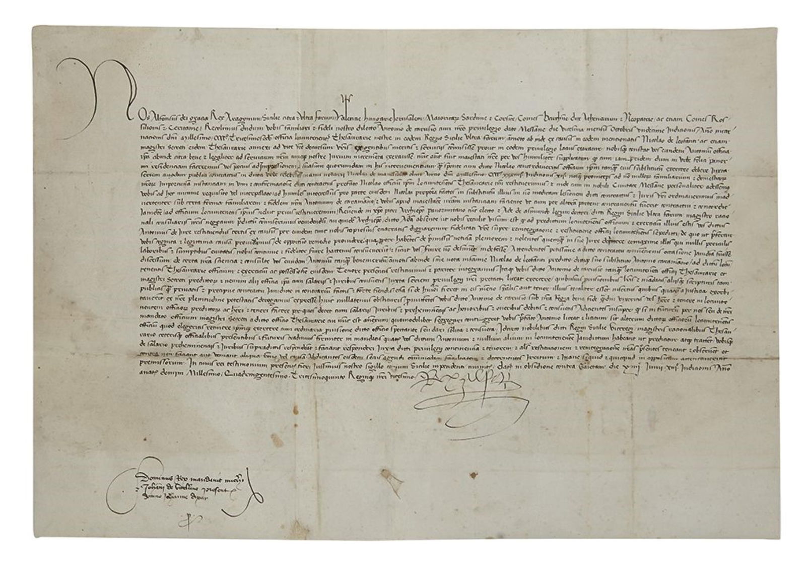 Alfonso V; King of Aragon & Sicily. Vellum Document Signed, "Rex Alfonsus,": Alfonso V; King of Aragon & Sicily Vellum Document Signed, "Rex Alfonsus," confirming that Antonio de Carusio is head of the royal treasury. 1 page, 11x16¼ inches; minor scattered loss expert