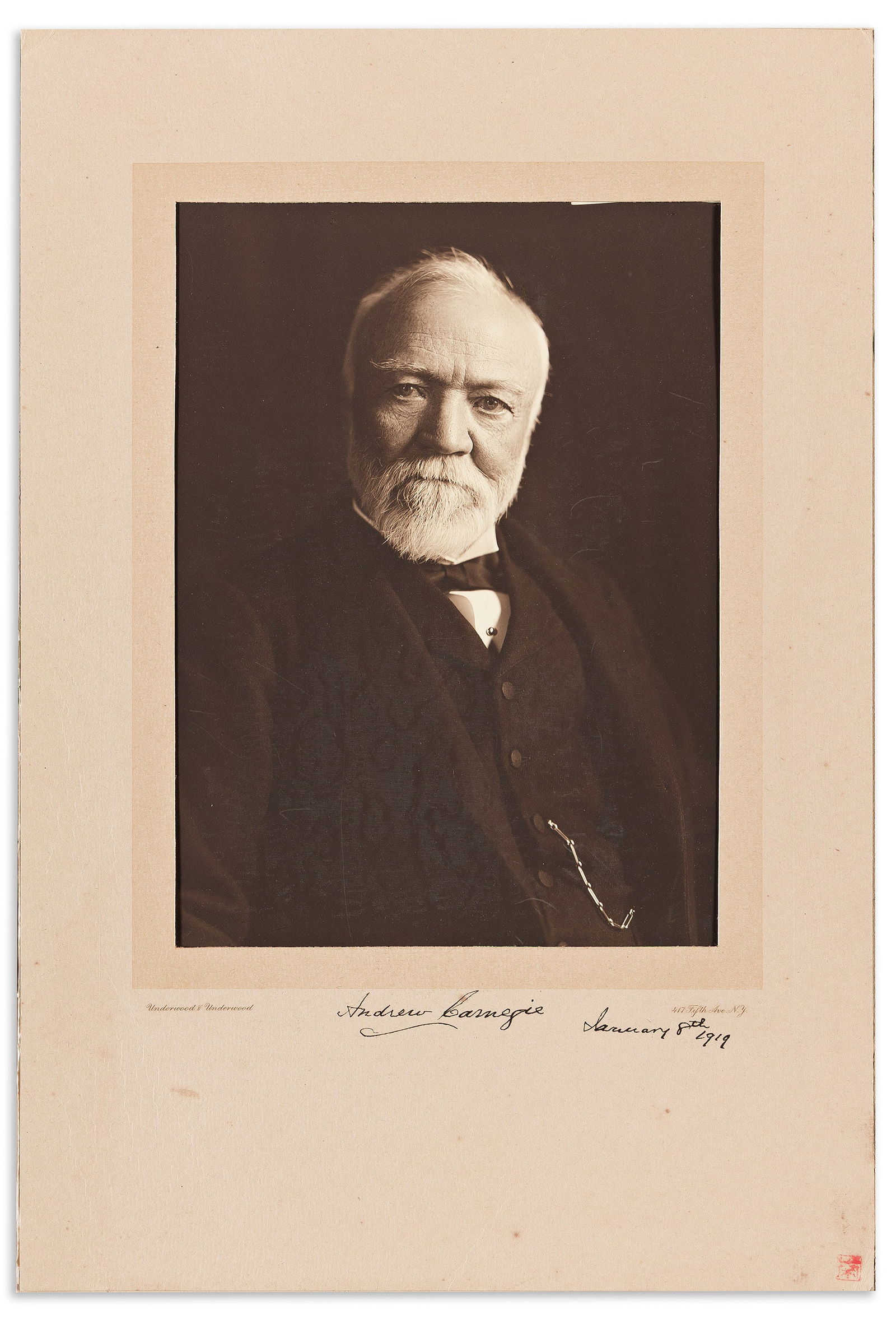 Andrew Carnegie. Photograph dated and Signed: Andrew Carnegie Photograph dated and Signed, bust portrait by Underwood & Underwood, showing him looking into camera. Signed on the mat below the image. 10x8 inches (image), 16x11 inches overall;