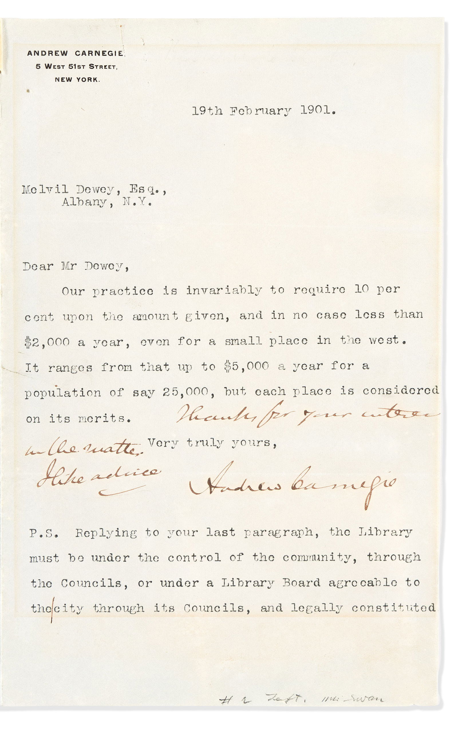 Andrew Carnegie. Typed Letter Signed, with holograph closing, to Director of the NY State Library (1 of 1)