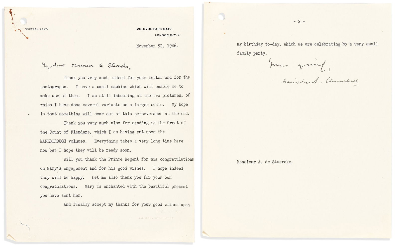 Winston S. Churchill. Typed Letter Signed, to the secretary of Belgian Prince Regent Charles,: There is one small delicate matter: expressing concern for the Belgian Prince Regent Winston S. Churchill Typed Letter Signed, to the secretary of Belgian Prince Regent Charles, André de Staercke