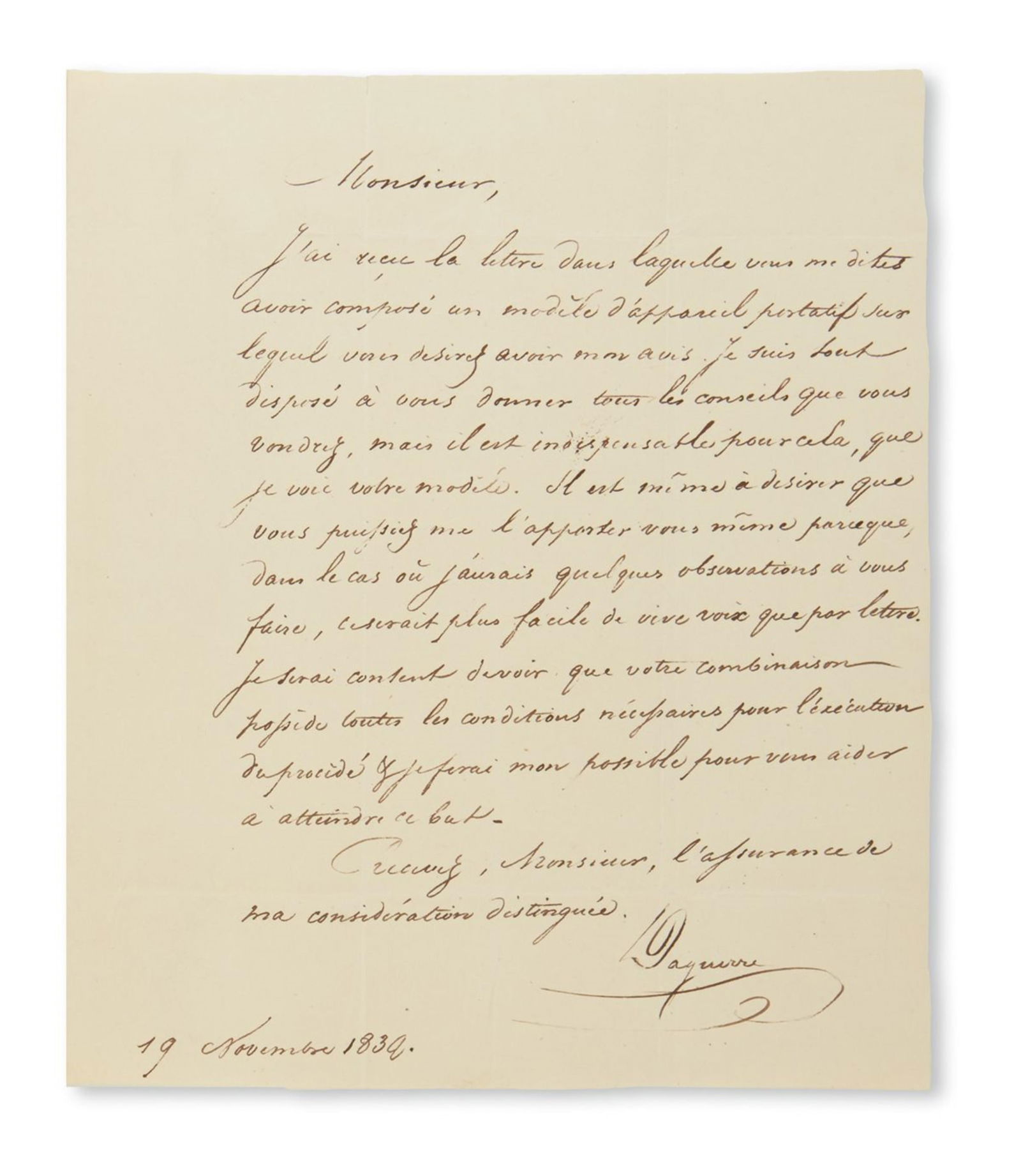 Louis Jacques Mandé Daguerre. Autograph Letter Signed, "Daguerre," to J.A. Bissinger: Inventor of the daguerreotype Louis Jacques Mandé Daguerre Autograph Letter Signed, "Daguerre," to J.A. Bissinger, in French, agreeing to offer advice concerning his portable camera design, but r