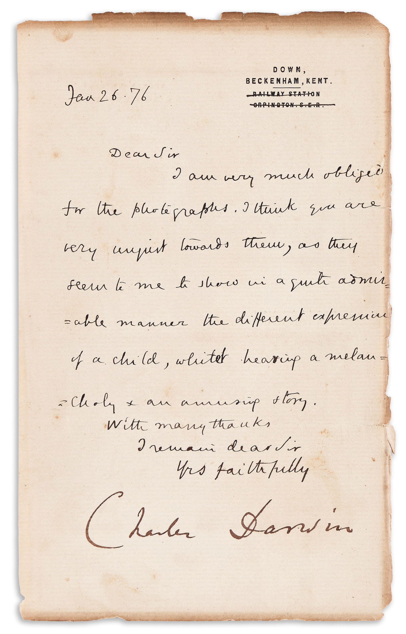 Charles Darwin. Letter Signed, to "Dear Sir,": Showing continued interest in the expression of emotions in humans Charles Darwin Letter Signed, to "Dear Sir," thanking for photographs depicting the expressions of a child during a recitation design