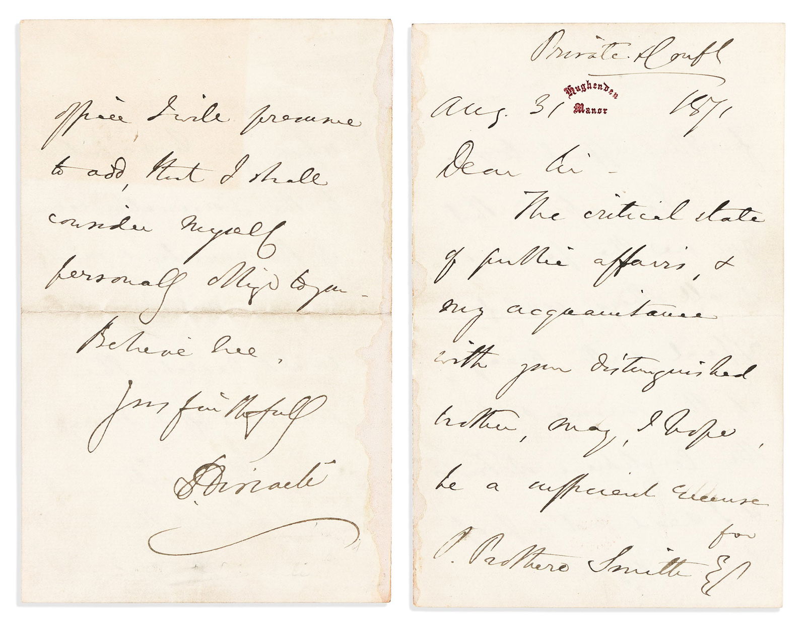 Benjamin Disraeli. Two Autograph Letters Signed, "D." or "B. Disraeli," to Under-Secretary of State: Benjamin Disraeli Two Autograph Letters Signed, "D." or "B. Disraeli," to Under-Secretary of State for Home Affairs Gathorne Gathorne-Hardy or Philip Prothero Smith. The first, as Chancellor of the Ex