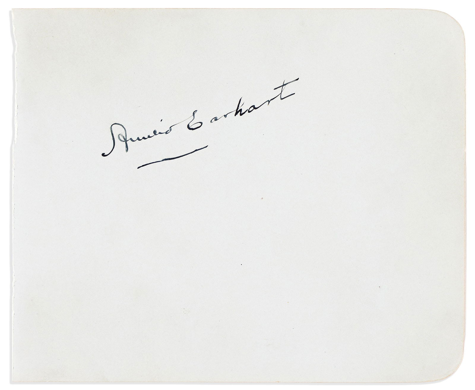 Amelia Earhart. Signature: Amelia Earhart Signature, on a leaf removed from an album. On verso is a signature by John J. Pershing. 4½x5½ inches, pale blue paper; faint toning at edges. Np, nd.