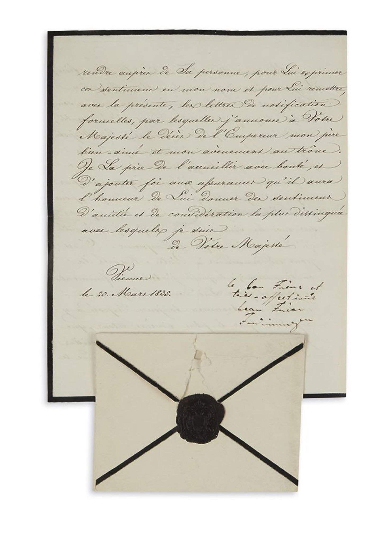 Ferdinand I; Emperor of Austria. Letter Signed and Inscribed, "le bon Frère et / très: Ferdinand I; Emperor of Austria Letter Signed and Inscribed, "le bon Frère et / très affectionné / beau Frère / Ferdinand," as Emperor, to Ferdinand II, King of the Two Sicilies, a