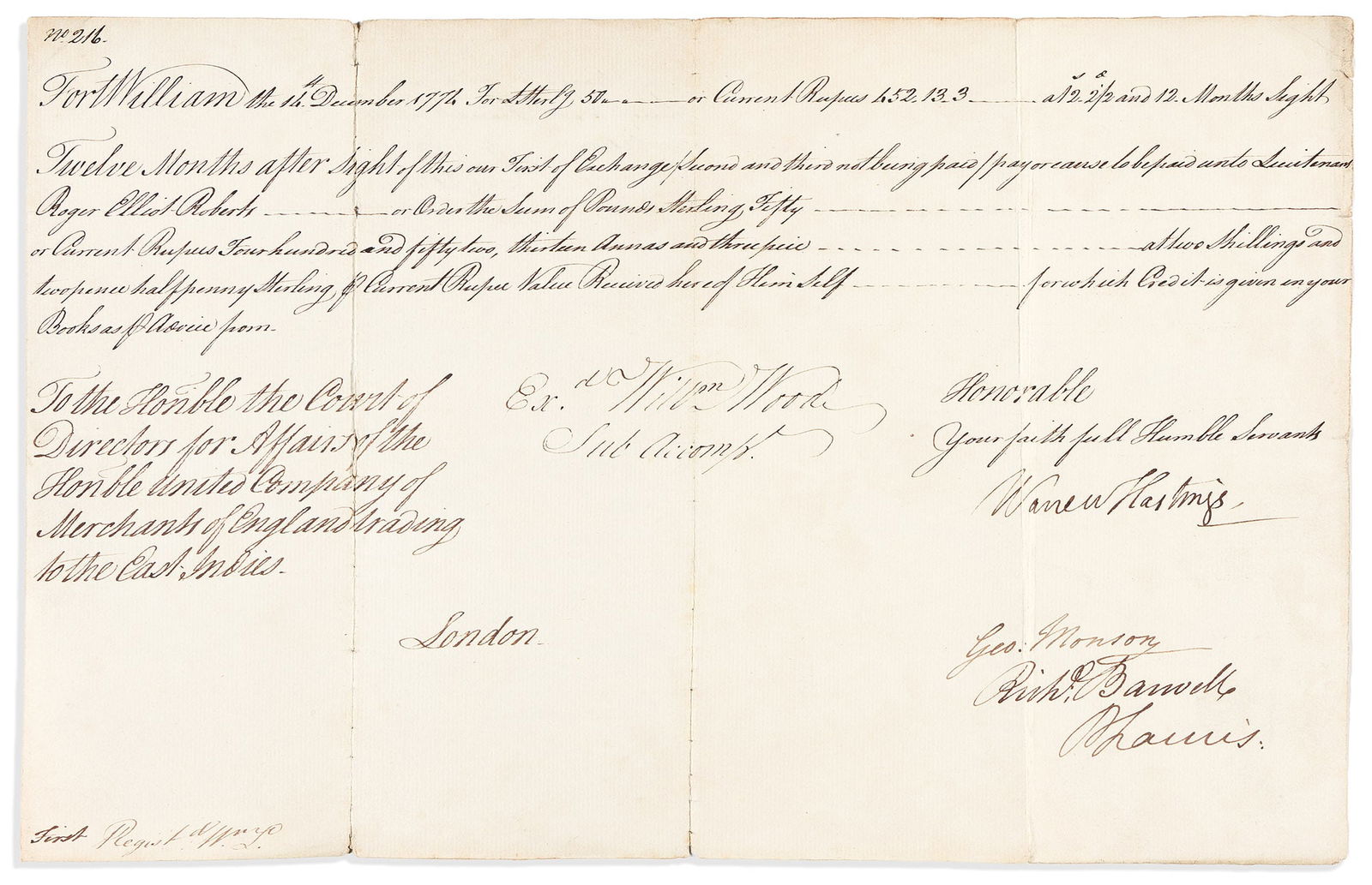 Warren Hastings. Three items, each Signed: Documents (2) * Autograph Letter. (1 of 3)
