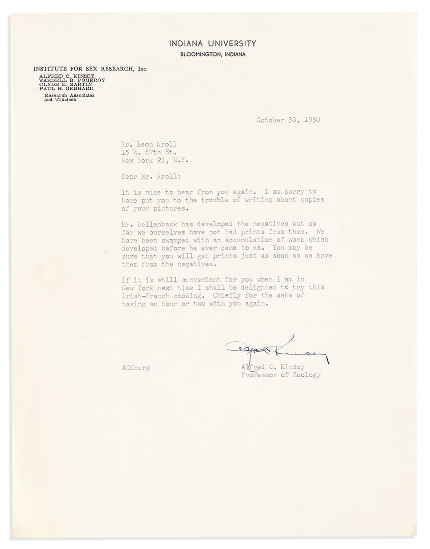 Alfred Kinsey. Four Typed Letters Signed, "Alfred C. Kinsey," to painter Leon Kroll (1 of 4)