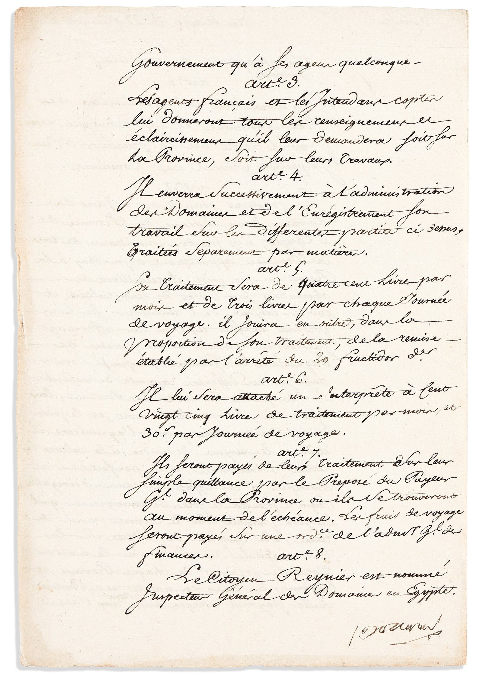 Napoléon. Document Signed, "Bonaparte," appointing Jean Reynier Inspector General in Egypt (1 of 1)