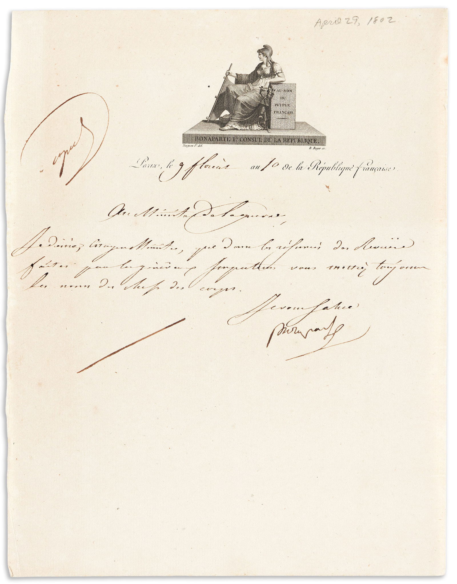 Napoléon. Letter Signed, "Bonaparte," to his Minister of War, Louis-Alexandre Berthier: Napoléon Letter Signed, "Bonaparte," to his Minister of War, Louis-Alexandre Berthier, in French, requesting that his reports always include the names of the corps commanders. ½ page, 4to, "