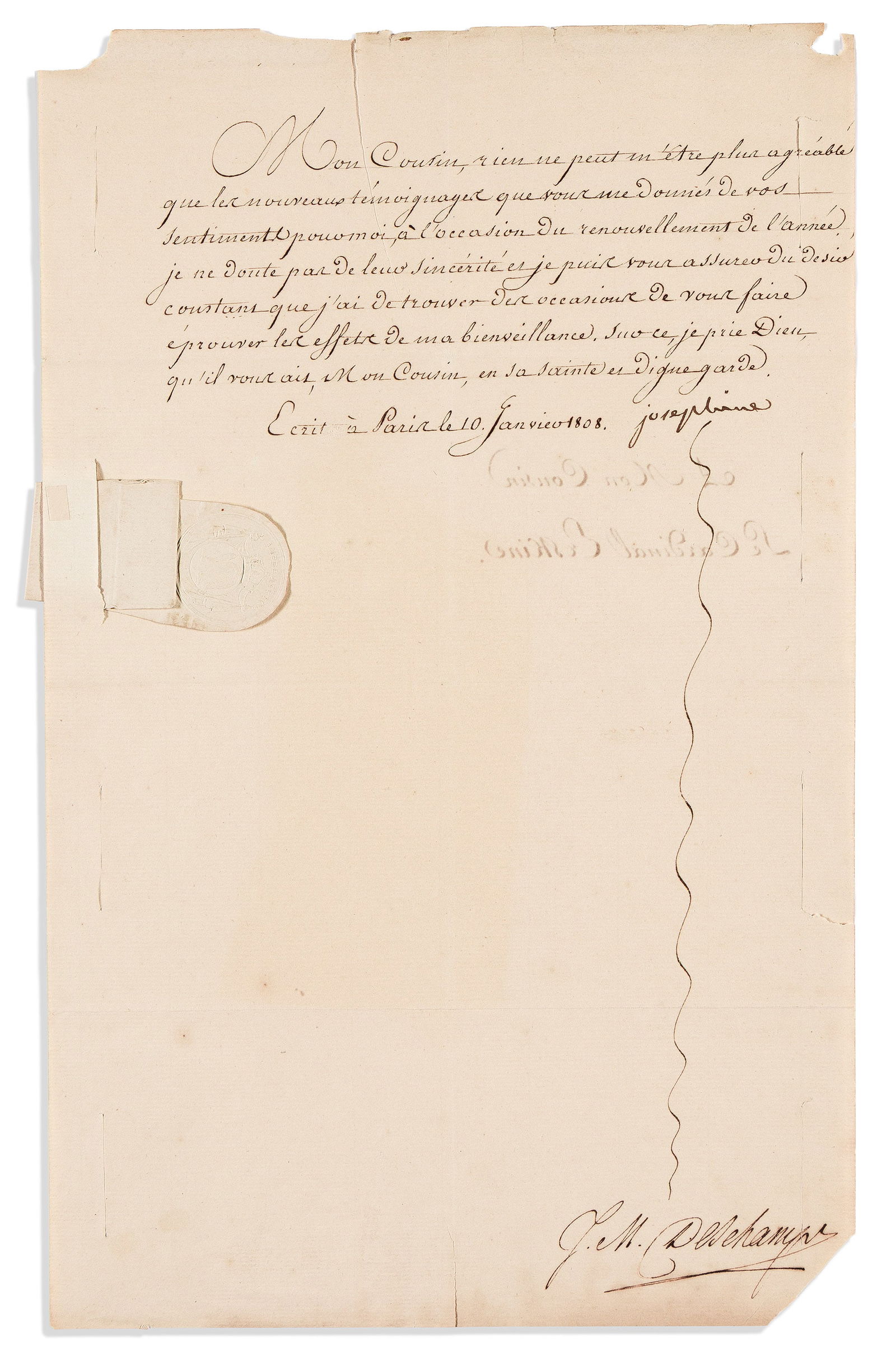 (Napoléon.) Josephine Bonaparte. Letter Signed, "josephine," to Cardinal Charles Erskine: Josephine Bonaparte Letter Signed, "josephine," to Cardinal Charles Erskine, in French, acknowledging his New Years greetings and wishing him well. Additionally signed by her private secretary, J