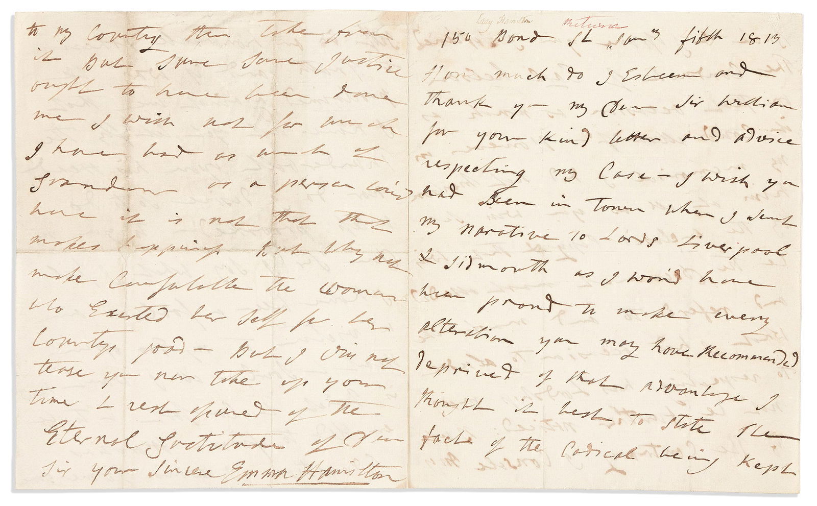 (Horatio Nelson.) Emma Hamilton. Autograph Letter Signed, to Williams Scott (1 of 2)