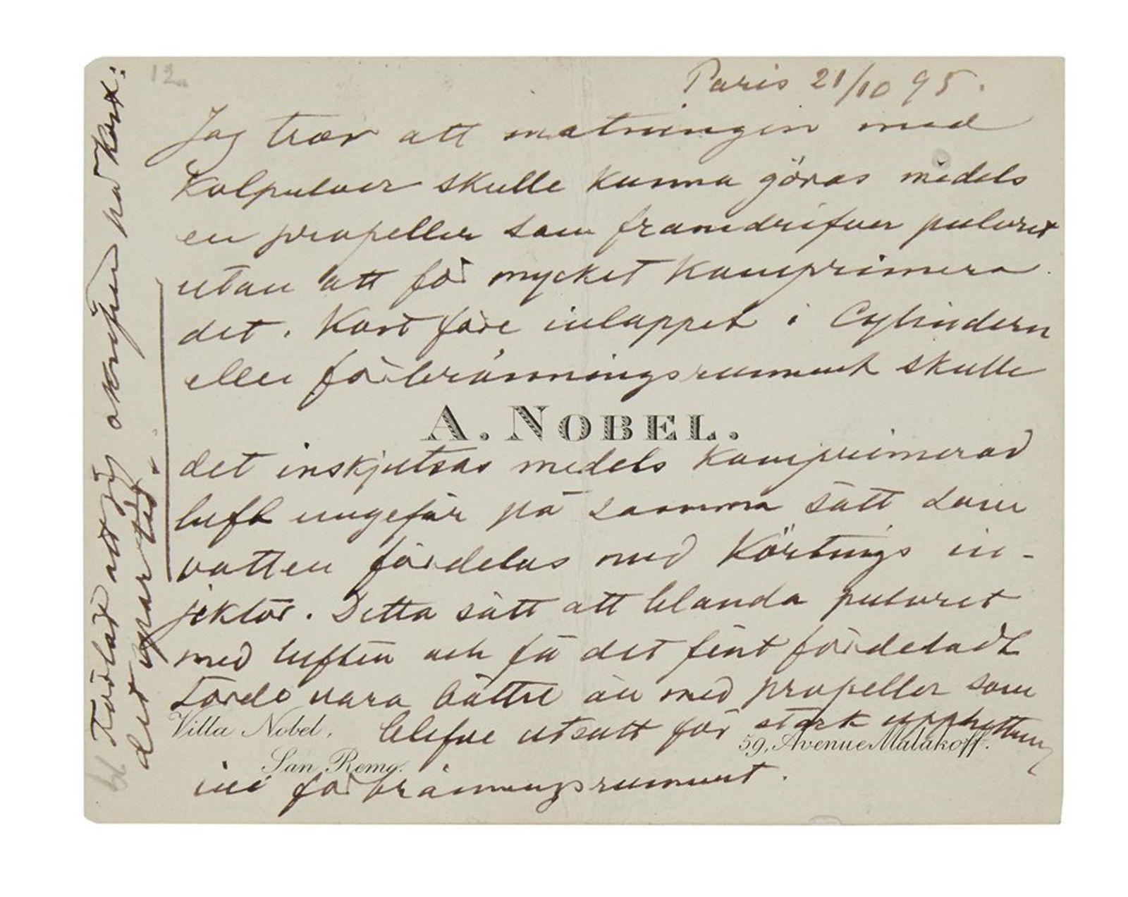 Alfred Nobel. Autograph Note, unsigned, in Swedish: Alfred Nobel Autograph Note, unsigned, in Swedish, on his printed visiting card, suggesting a method of processing carbon powder in a pump or engine. 1 page, 3½x4½ inches; vertical fold with