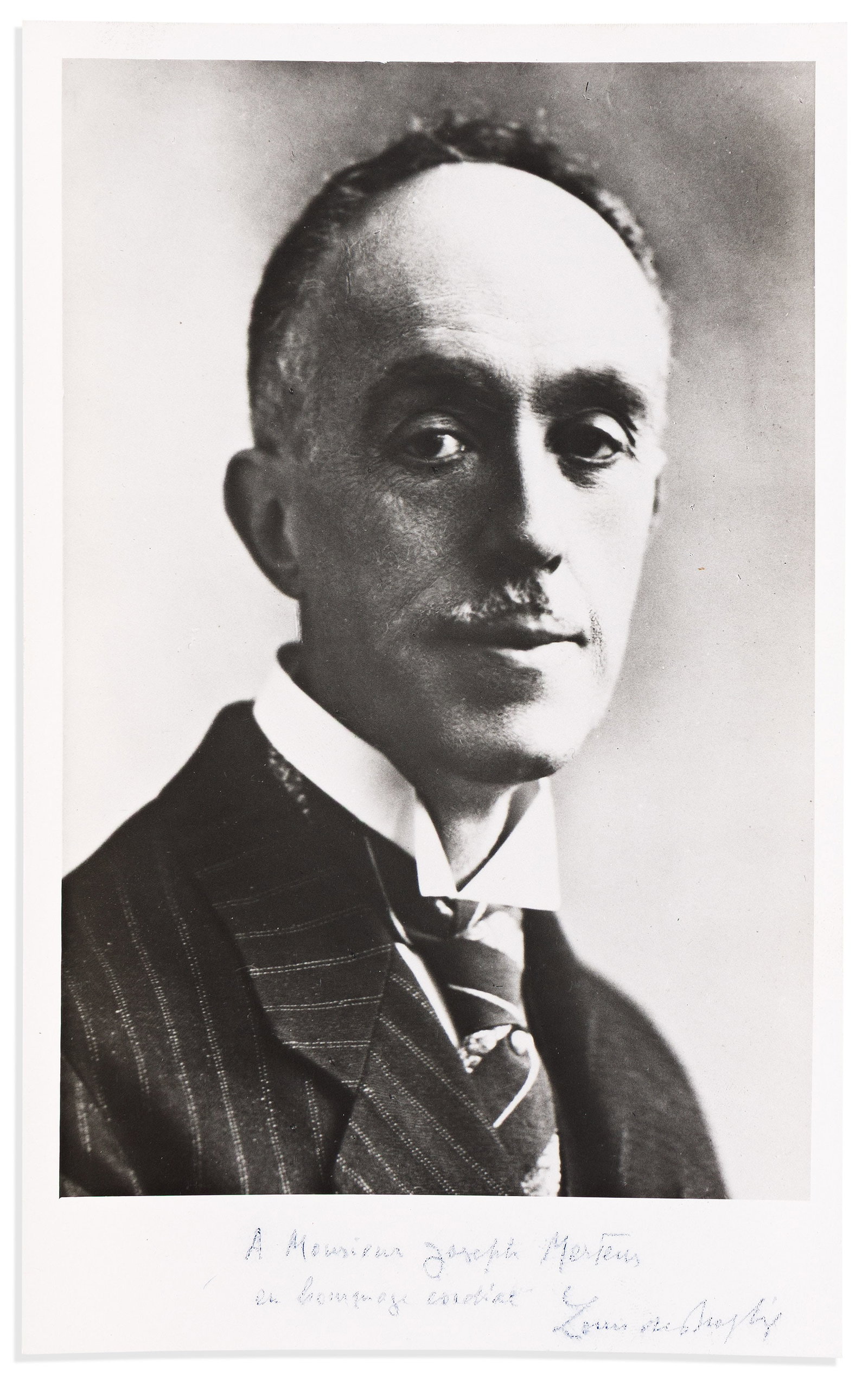 (Nobel Laureates--Physics.) Louis de Broglie. Two items, each Signed and Inscribed: Photograph * (1 of 2)