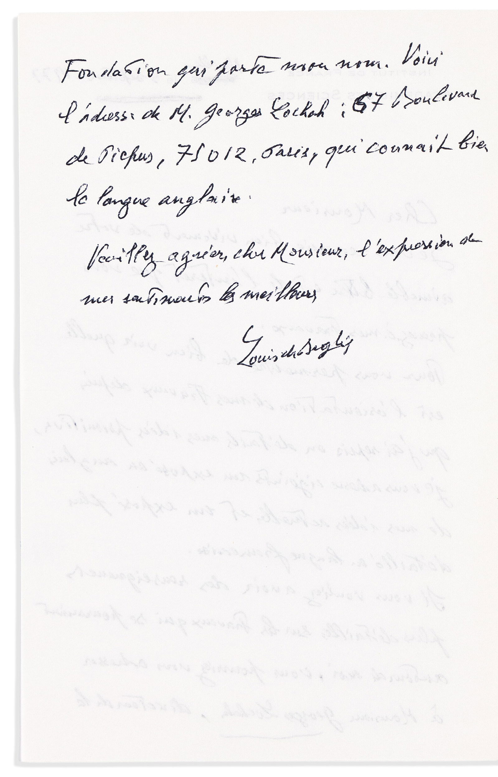(Nobel Laureates--Physics.) Louis de Broglie. Autograph Letter Signed, to "Dear Sir," in French: Louis de Broglie Autograph Letter Signed, to "Dear Sir," in French, thanking him for his interest, sending summaries of his recent work in English and French [not present], and suggesting he contact G