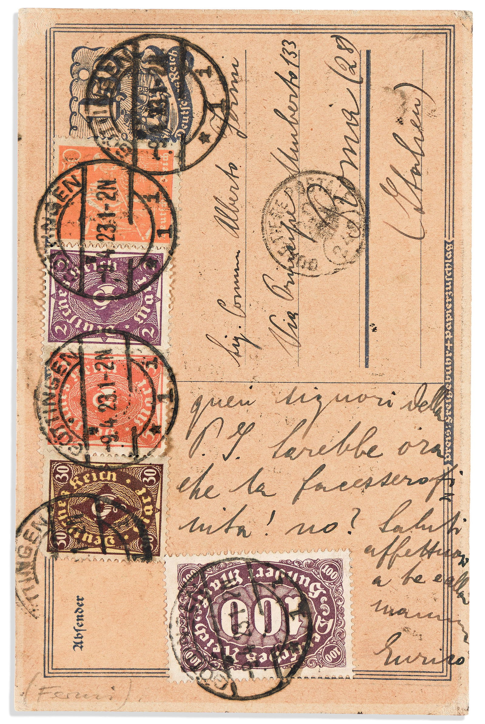 (Nobel Laureates--Physics.) Enrico Fermi. Autograph Letter Signed, on postcard.: Enrico Fermi Autograph Letter Signed, "Enrico," to his father Alberto ("Dear dad"), in Italian, on postcard, supposing that [his sister] Maria has returned to Recanati, observing that the winter has b