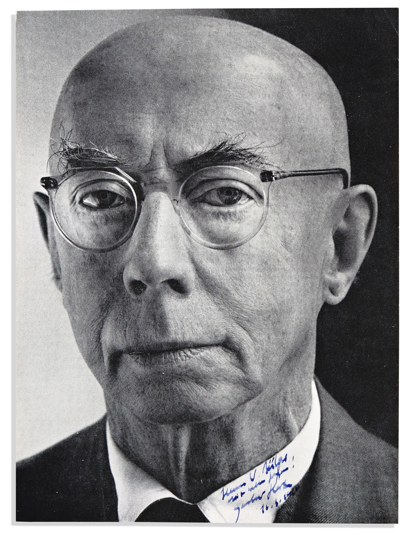 (Nobel Laureates--Physics.) Gustav Ludwig Hertz; and James Franck. Two items, each Signed and: Gustav Ludwig Hertz; and James Franck Two items, each Signed and Inscribed by one, in German: Photograph * Autograph Note. Hertz. Photograph. "Herrn V. Bülow / mit . . . ," at lower right, bust p