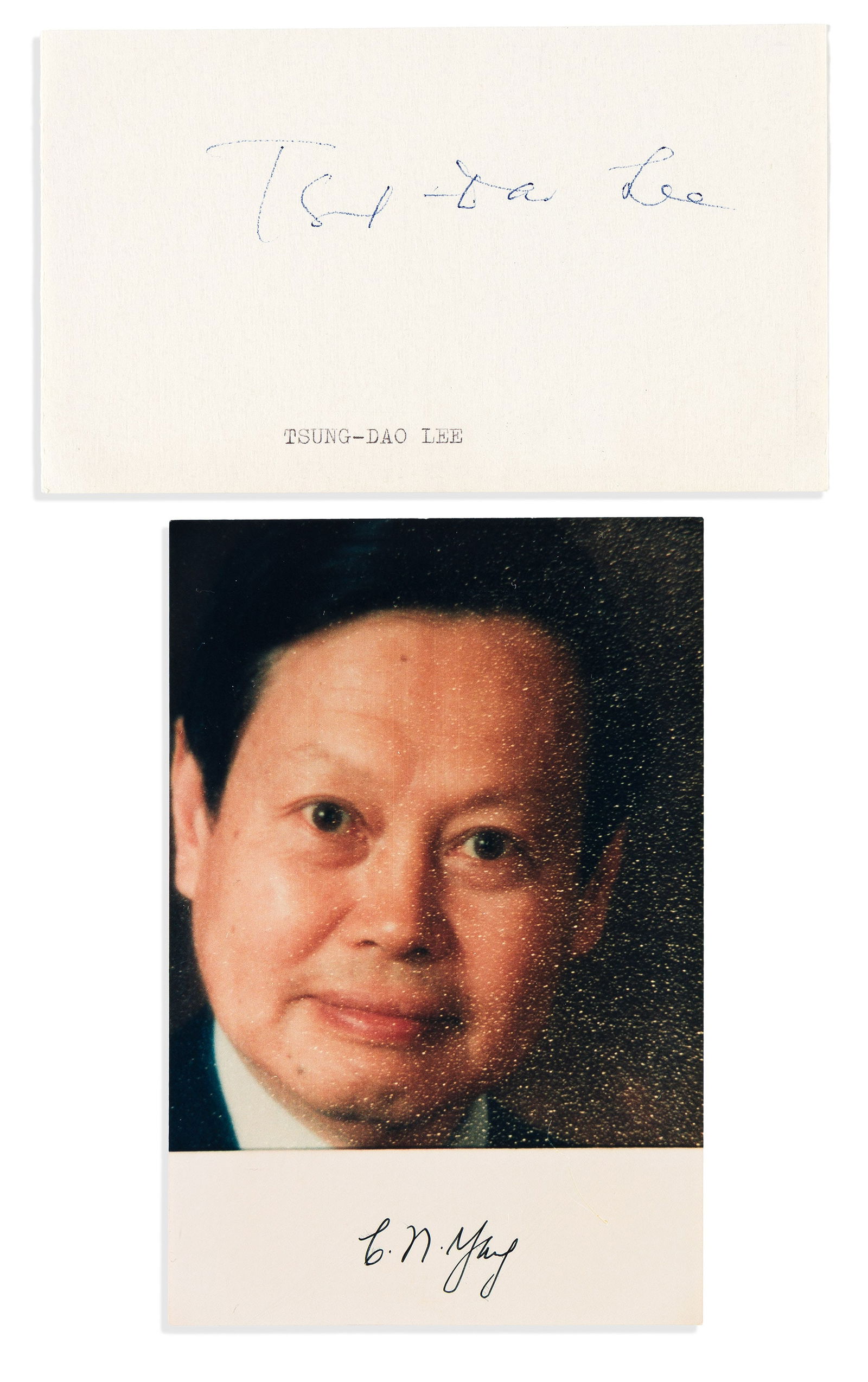(Nobel Laureates--Physics.) Tsung-Dao Lee; and Chen-Ning Yang Two items, each Signed by one:: Tsung-Dao Lee; and Chen-Ning Yang Two items, each Signed by one: Signature * Photograph. Lee. Small card. 3½x5¾ inches; name typed at lower edge recto, remnants of mounting along edges