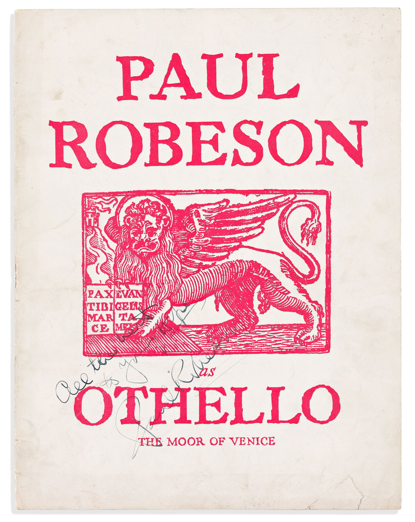 Paul Robeson. Program for 1942 Theatre Guild production of "Othello": Program for Broadway premiere production Paul Robeson Program for 1942 Theatre Guild production of Othello, Signed and Inscribed, "All the best / to young Hope," written diagonally at lower left of fr
