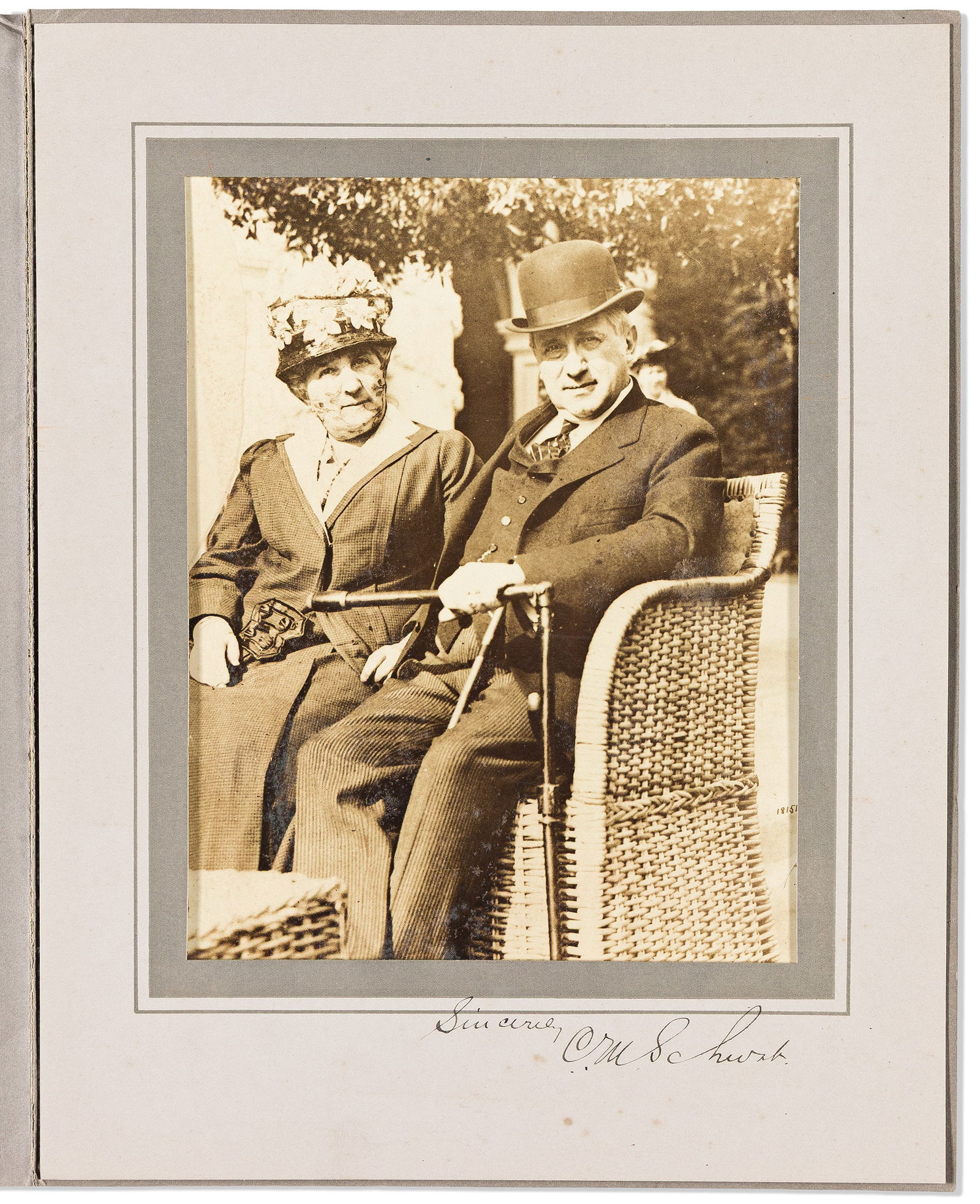 Charles M. Schwab. Two items Signed, C. MSchwab": Typed Letter * Inscribed Photograph.: Charles M. Schwab Two items Signed, C. MSchwab": Typed Letter * Inscribed Photograph. The letter, to Yosaku Minami, accepting his "assurances of confidence and friendship" and explaining that his repl