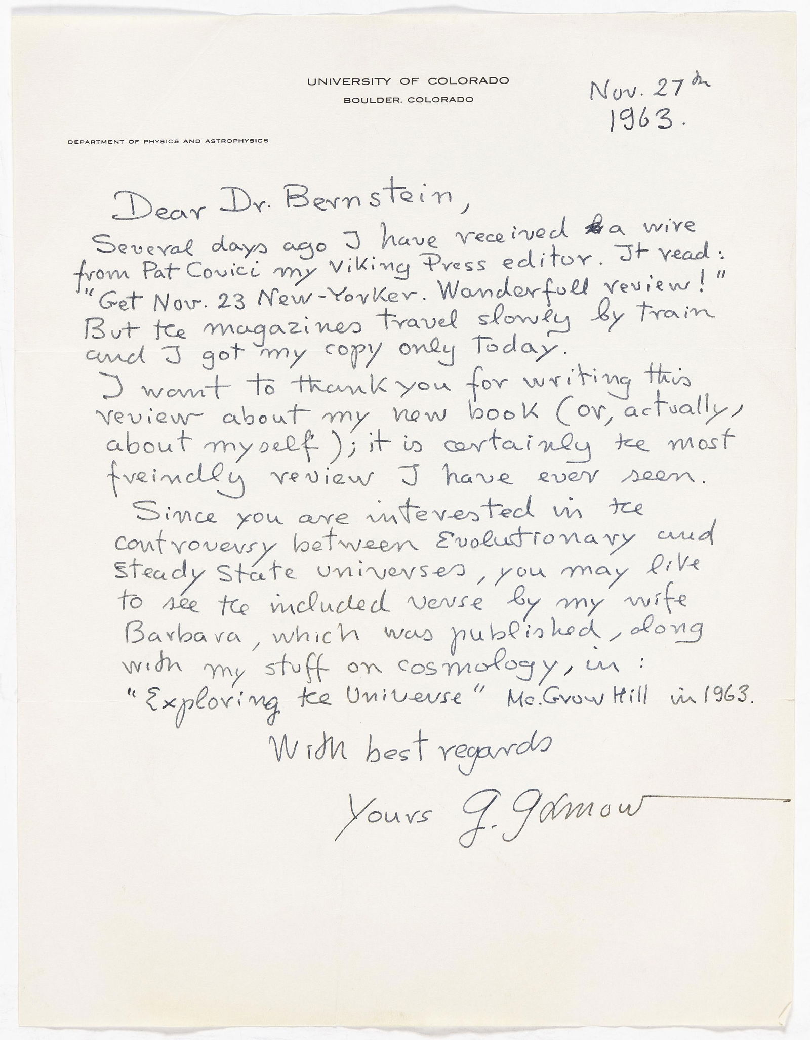 (Science.) Group of 5 letters Signed by prominent 20th-century scientists, each to Jeremy Bernstein:: Group of 5 letters Signed by prominent 20th-century scientists, each to Jeremy Bernstein: Autograph Letters (2) * Typed Letters (3). Together 10 pages, mostly 4to, written on rectos only; generally go