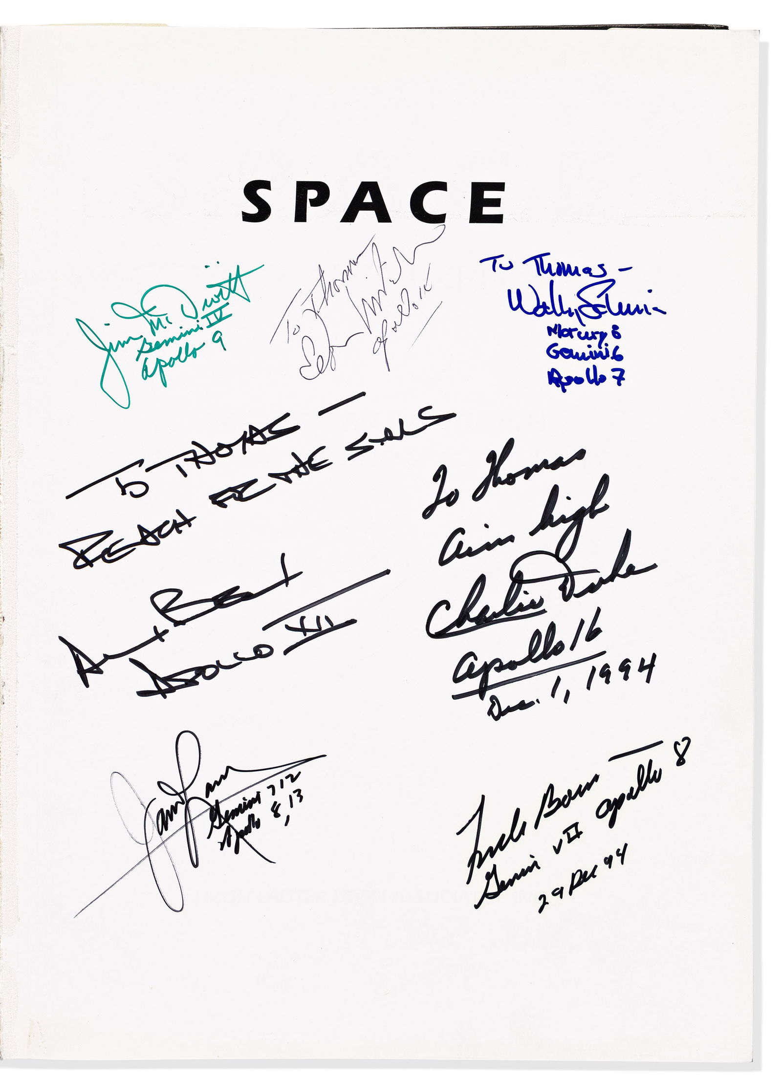 (Space Exploration.) Collins and Kraemer. Space: Discovery and Exploration. Signed and Inscribed by: Signed by prime crew members of Gemini and Apollo missions Collins and Kraemer. Space: Discovery and Exploration. Signed and Inscribed by 12 astronauts, to Thomas or Mark Babinski, most signed twice,
