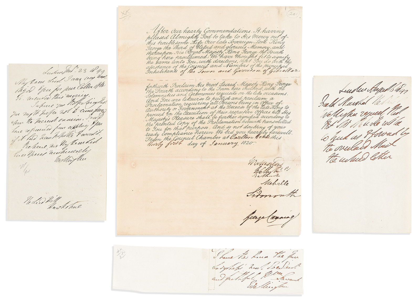 Arthur Wellesley Wellington; Duke. Group of 4 items Signed, "Wellington": Partly-printed Document *: Arthur Wellesley Wellington; Duke Group of 4 items Signed, "Wellington": Partly-printed Document * Autograph Letter * Autograph Note * Clipped Signature. Format and condition vary. Vp, vd.